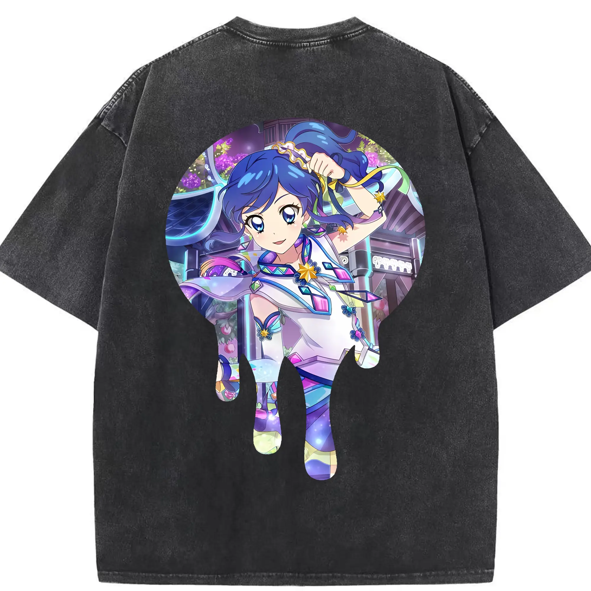 アイカツ グッズ 霧矢 あおい - 綿100％ ヴィンテージ風 半袖Tシャツ ・ 背面プリント ・ 柔らか肌触り ・ 通気性 快適 ・ スポーツ カジュアル 外出用