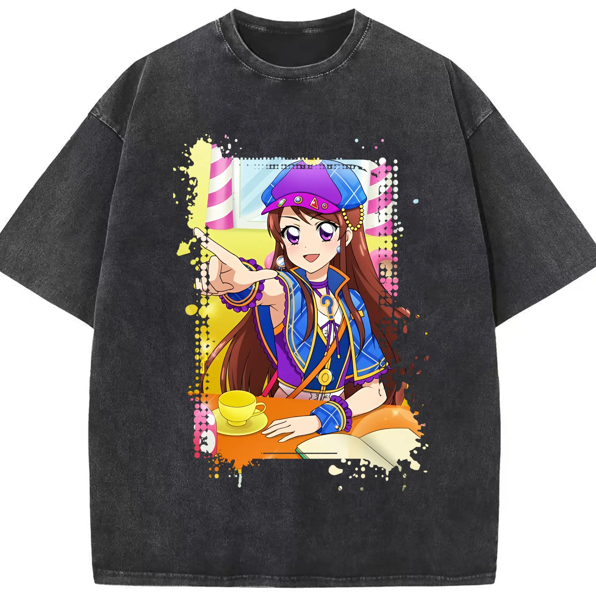 アイカツ グッズ 紫吹 蘭 - 綿100％ ヴィンテージ風 半袖Tシャツ ・ フロントプリント ・ 柔らか肌触り ・ 通気性 快適 ・ スポーツ カジュアル 外出用