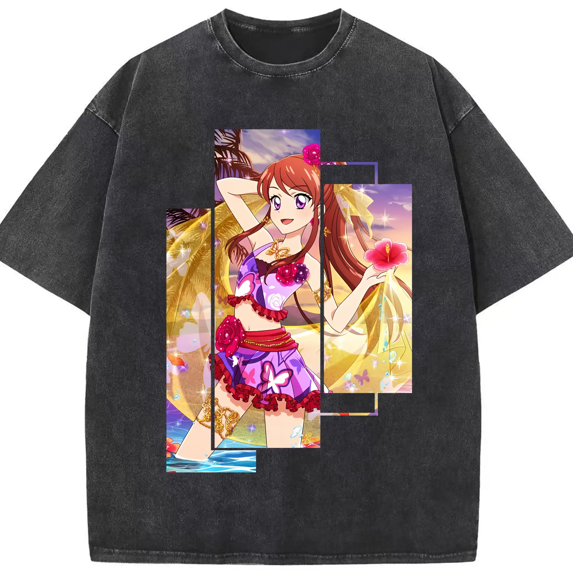アイカツ グッズ 紫吹 蘭 - 綿100％ ヴィンテージ風 半袖Tシャツ ・ フロントプリント ・ 柔らか肌触り ・ 通気性 快適 ・ スポーツ カジュアル 外出用