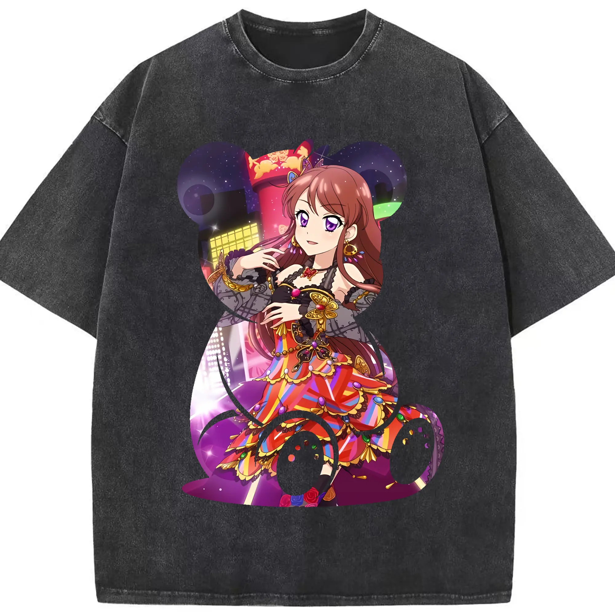 アイカツ グッズ 紫吹 蘭 - 綿100％ ヴィンテージ風 半袖Tシャツ ・ フロントプリント ・ 柔らか肌触り ・ 通気性 快適 ・ スポーツ カジュアル 外出用