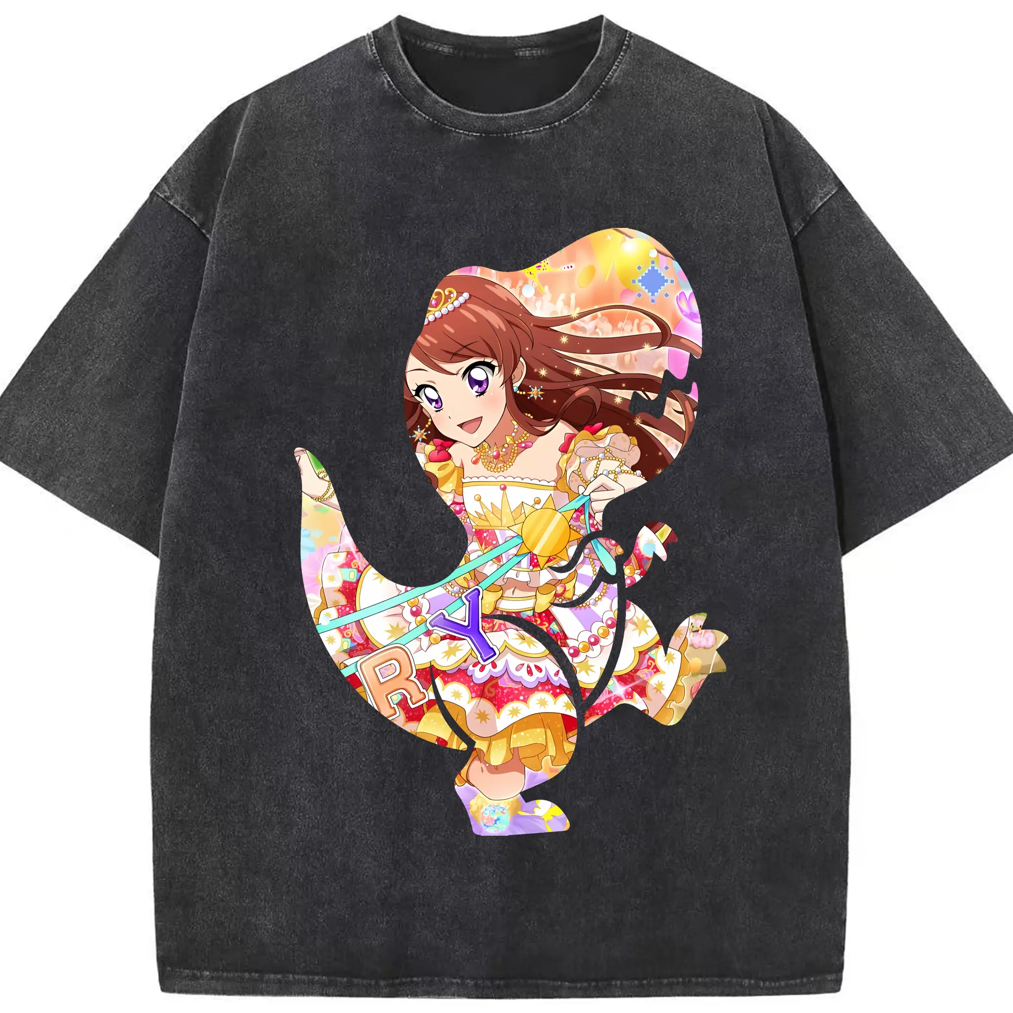 アイカツ グッズ 紫吹 蘭 - 綿100％ ヴィンテージ風 半袖Tシャツ ・ フロントプリント ・ 柔らか肌触り ・ 通気性 快適 ・ スポーツ カジュアル 外出用