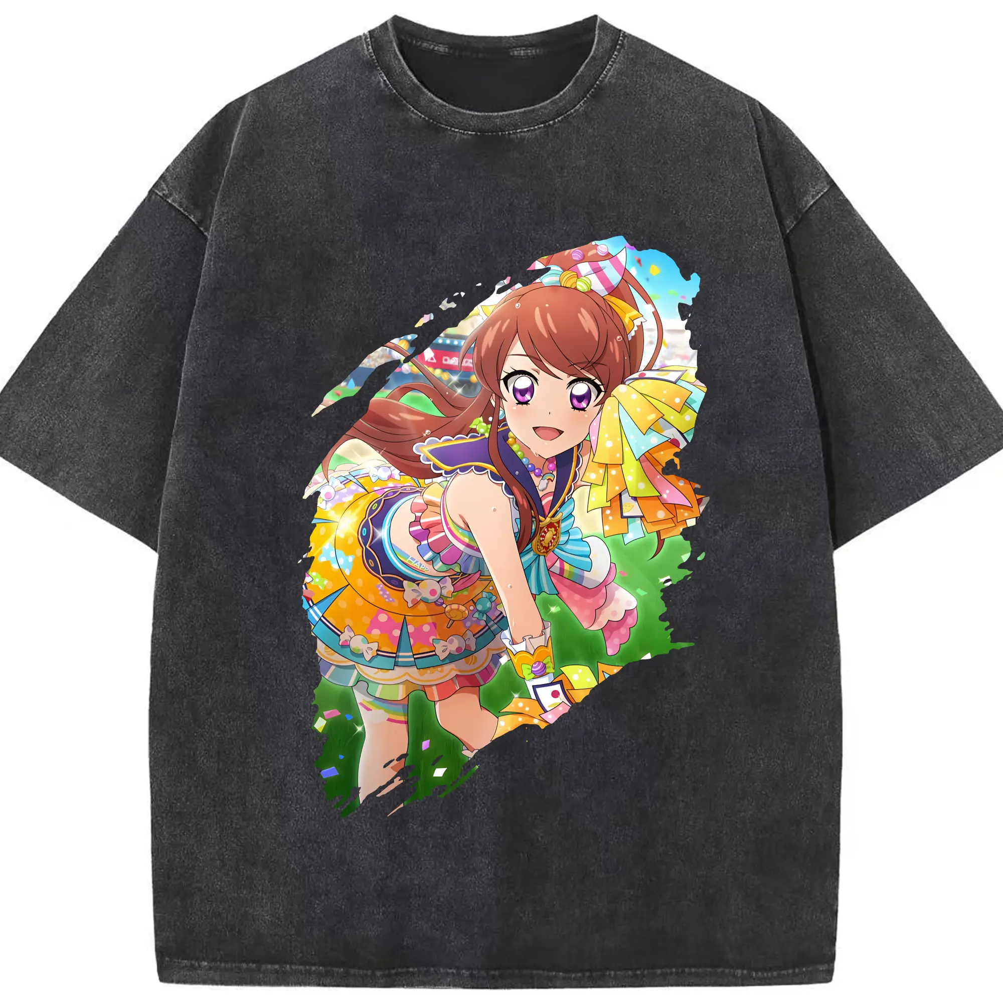 アイカツ グッズ 紫吹 蘭 - 綿100％ ヴィンテージ風 半袖Tシャツ ・ フロントプリント ・ 柔らか肌触り ・ 通気性 快適 ・ スポーツ カジュアル 外出用