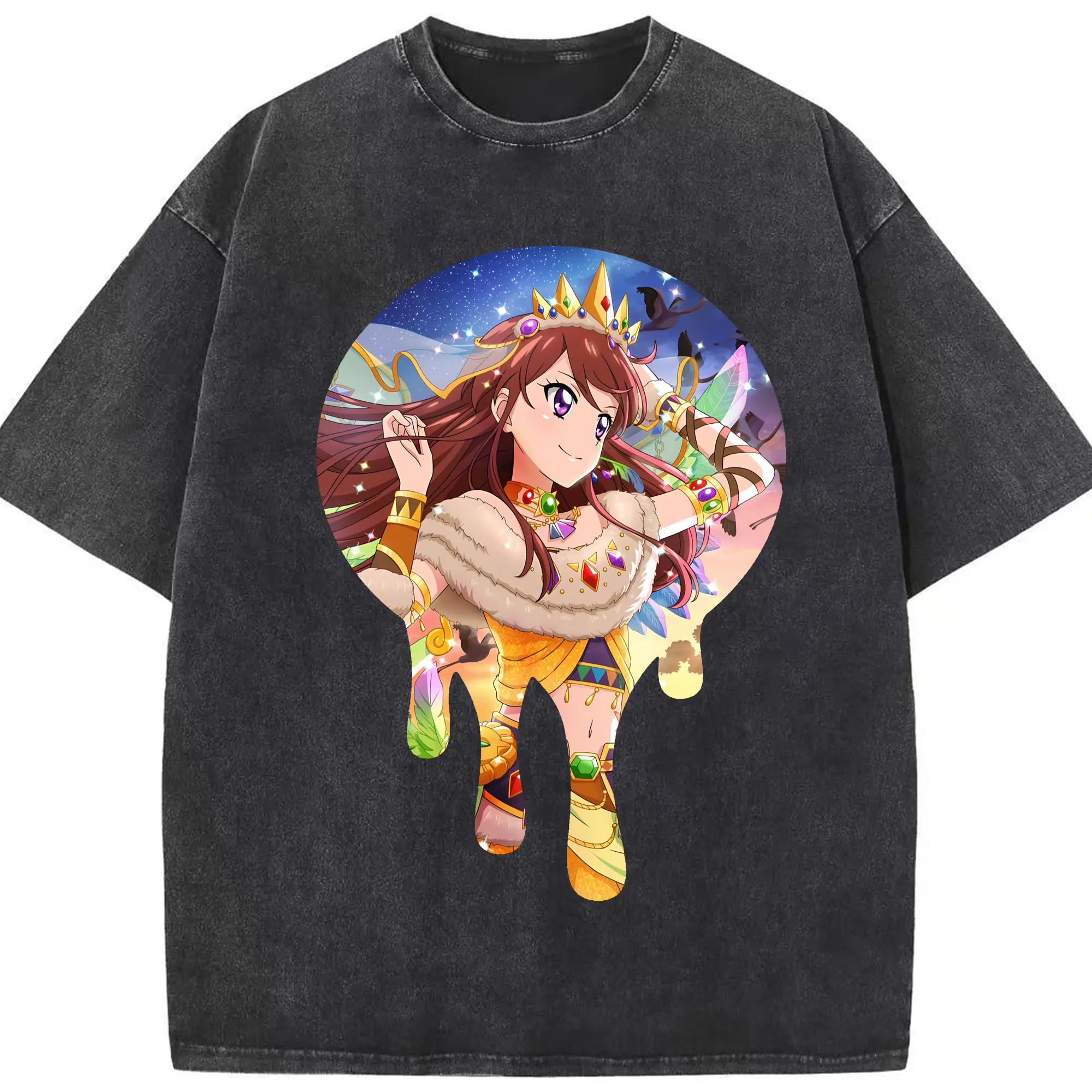 アイカツ グッズ 紫吹 蘭 - 綿100％ ヴィンテージ風 半袖Tシャツ ・ フロントプリント ・ 柔らか肌触り ・ 通気性 快適 ・ スポーツ カジュアル 外出用