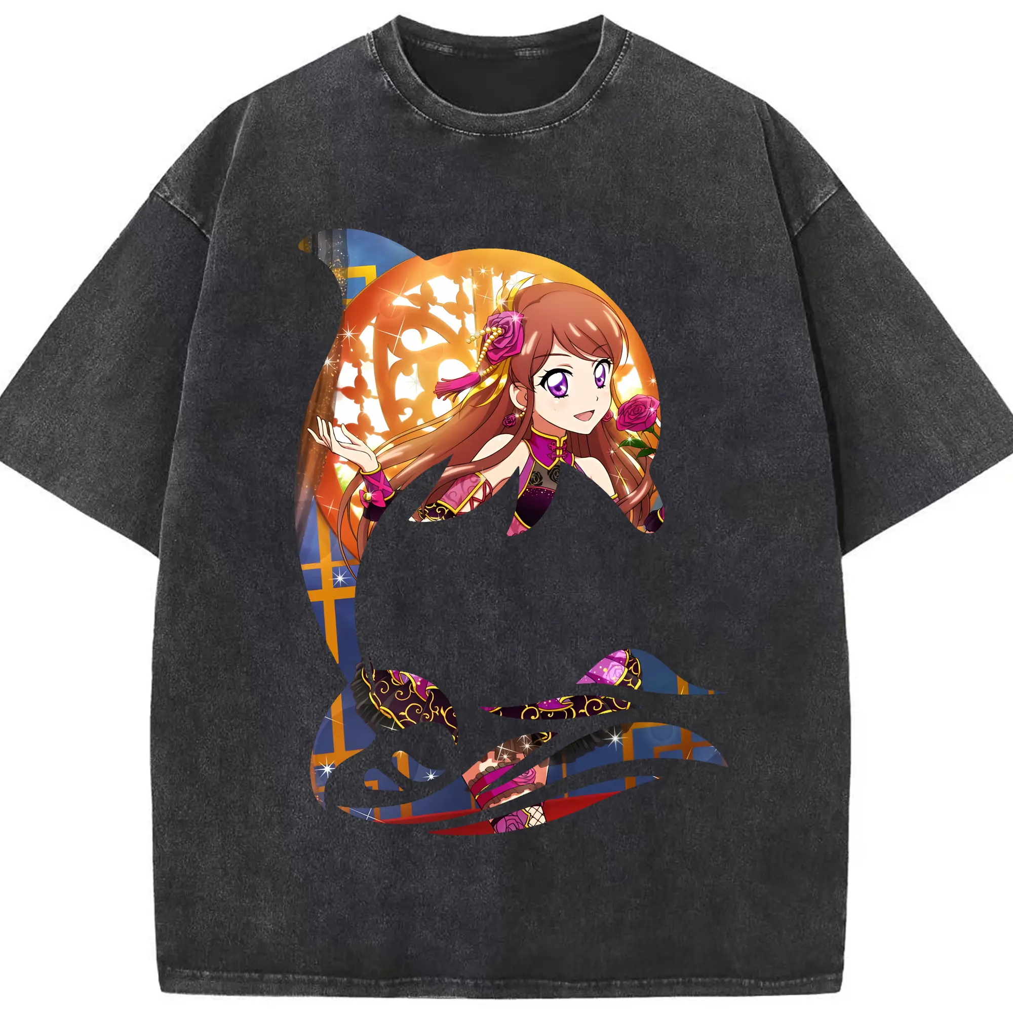 アイカツ グッズ 紫吹 蘭 - 綿100％ ヴィンテージ風 半袖Tシャツ ・ フロントプリント ・ 柔らか肌触り ・ 通気性 快適 ・ スポーツ カジュアル 外出用