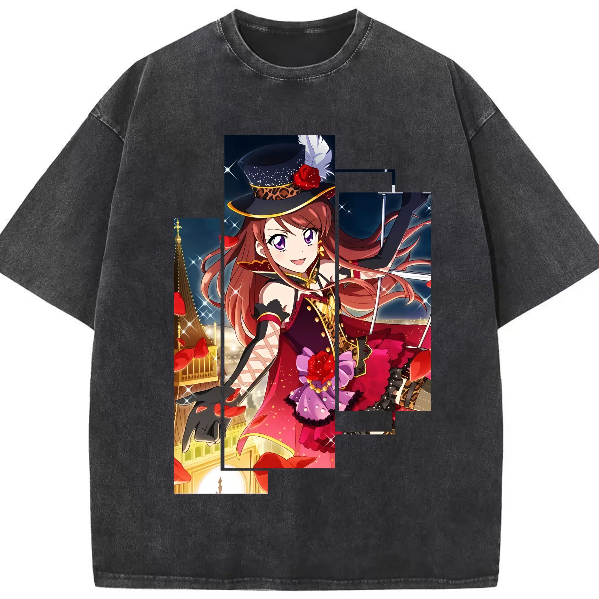 アイカツ グッズ 紫吹 蘭 - 綿100％ ヴィンテージ風 半袖Tシャツ ・ フロントプリント ・ 柔らか肌触り ・ 通気性 快適 ・ スポーツ カジュアル 外出用
