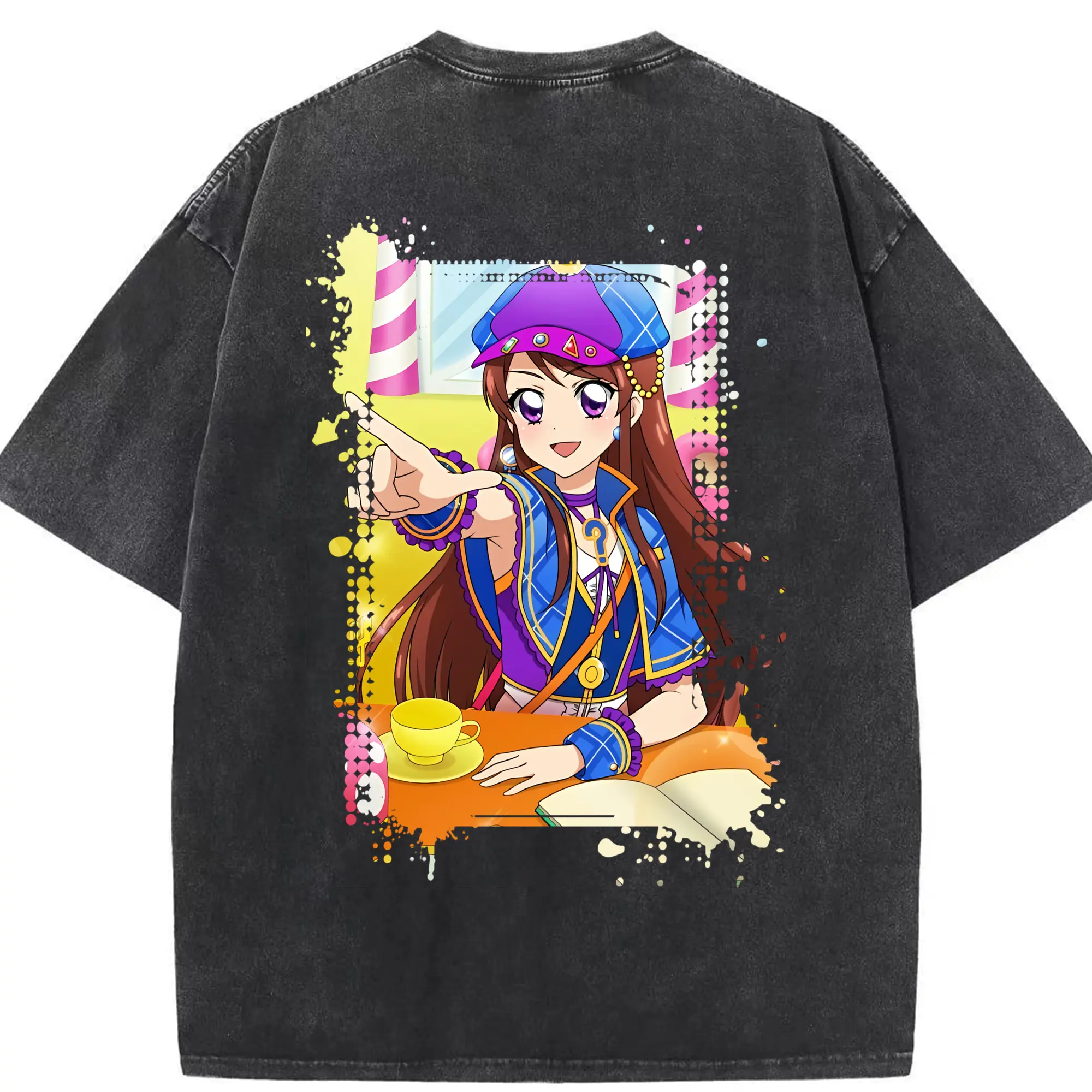 アイカツ グッズ 紫吹 蘭 - 綿100％ ヴィンテージ風 半袖Tシャツ ・ 背面プリント ・ 柔らか肌触り ・ 通気性 快適 ・ スポーツ カジュアル 外出用