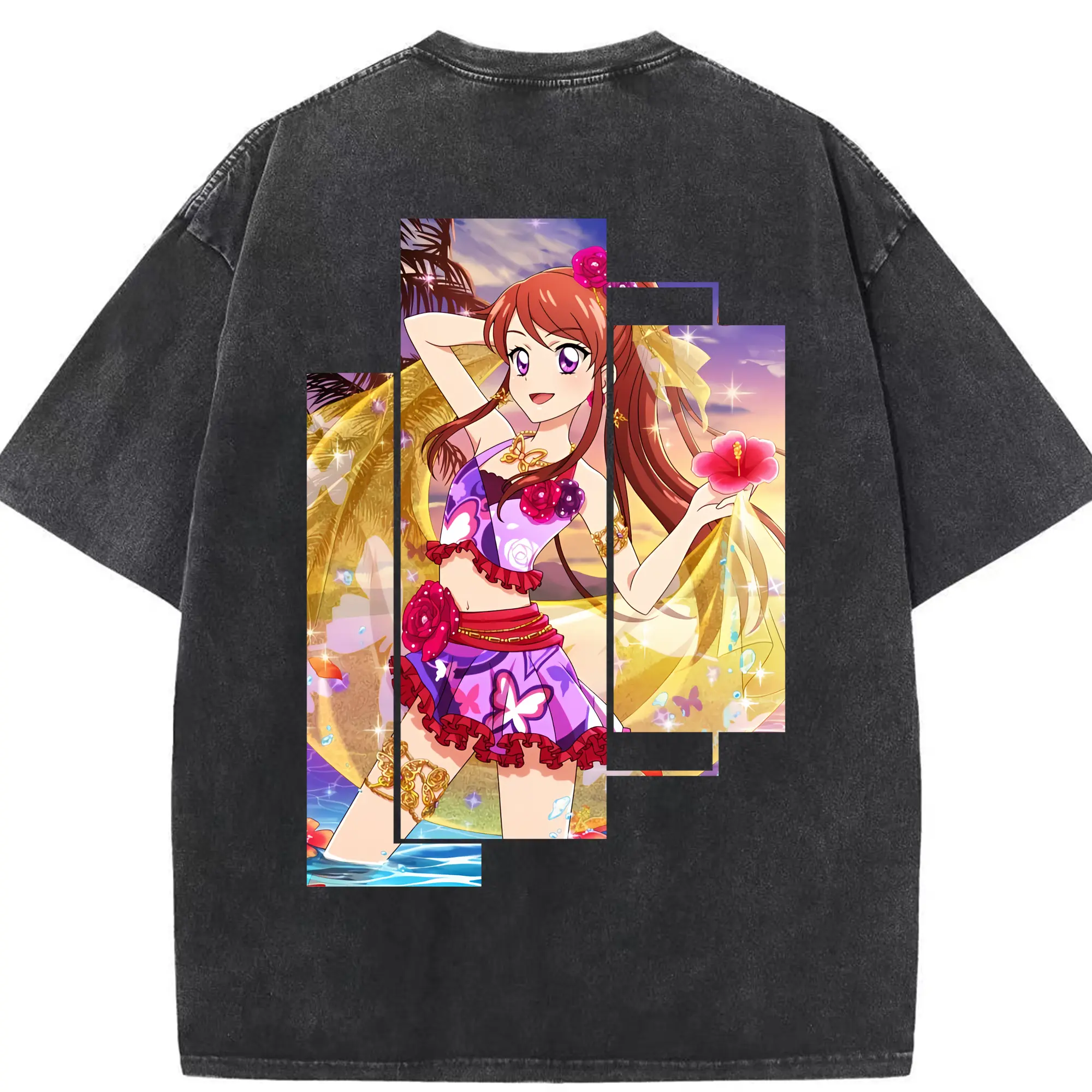 アイカツ グッズ 紫吹 蘭 - 綿100％ ヴィンテージ風 半袖Tシャツ ・ 背面プリント ・ 柔らか肌触り ・ 通気性 快適 ・ スポーツ カジュアル 外出用