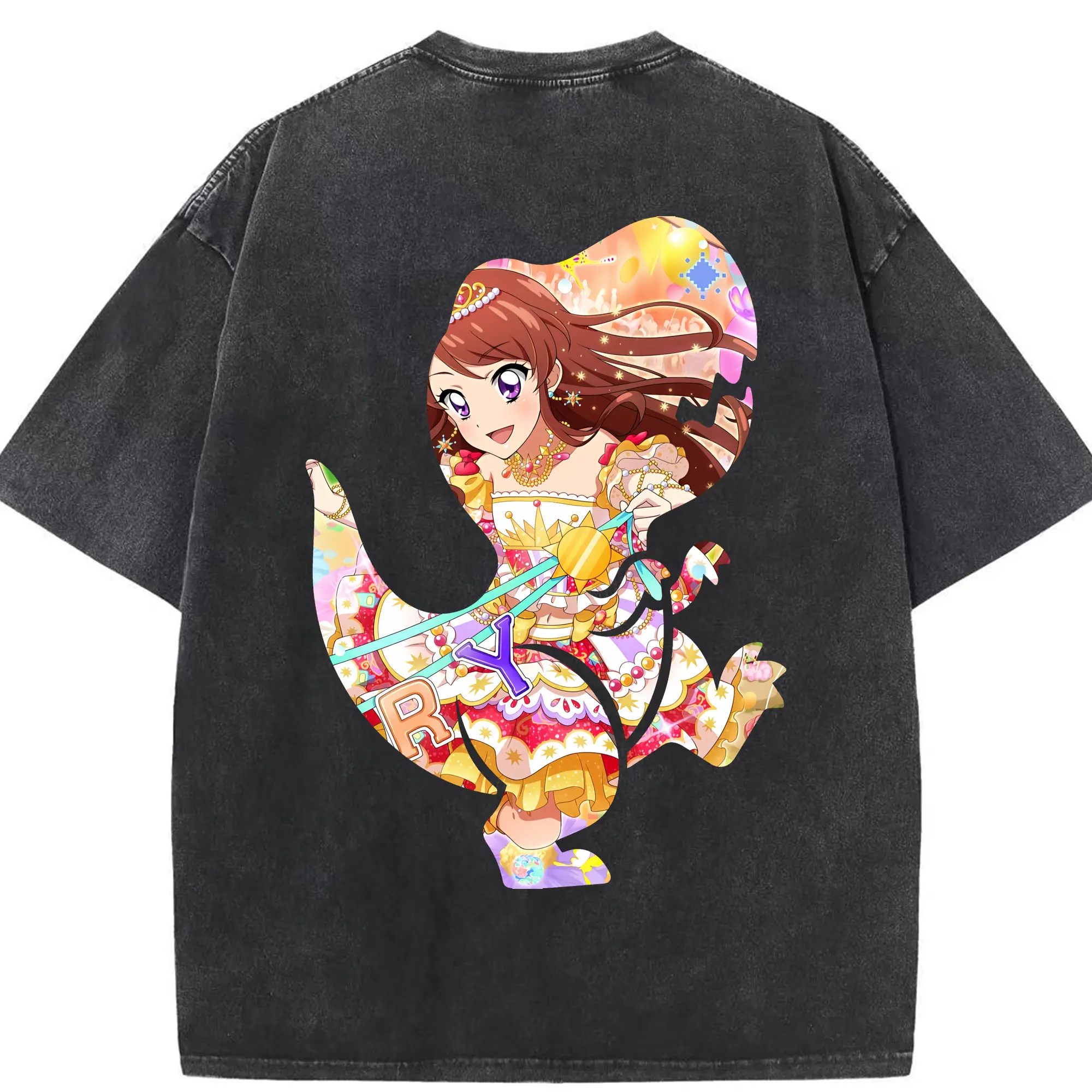 アイカツ グッズ 紫吹 蘭 - 綿100％ ヴィンテージ風 半袖Tシャツ ・ 背面プリント ・ 柔らか肌触り ・ 通気性 快適 ・ スポーツ カジュアル 外出用