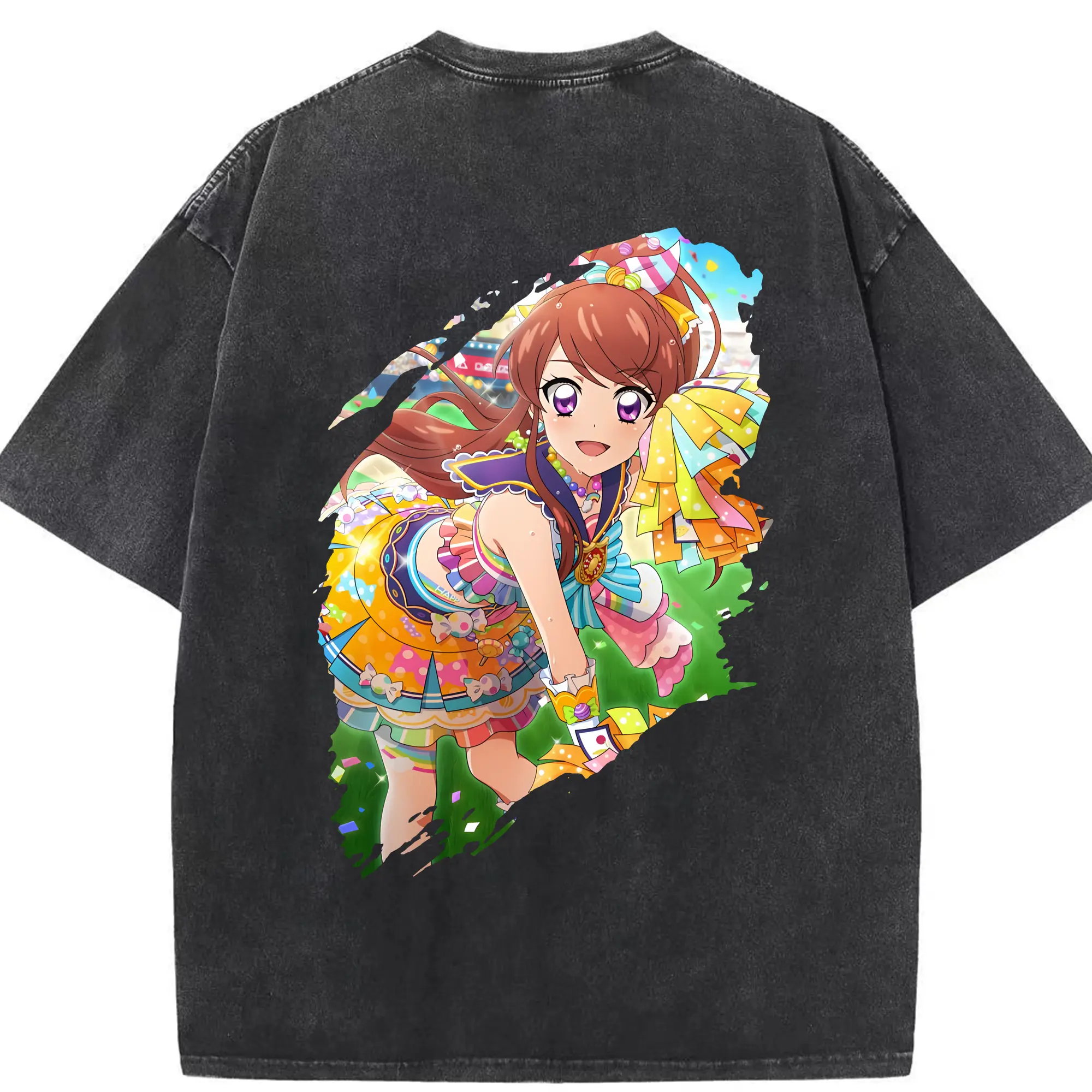 アイカツ グッズ 紫吹 蘭 - 綿100％ ヴィンテージ風 半袖Tシャツ ・ 背面プリント ・ 柔らか肌触り ・ 通気性 快適 ・ スポーツ カジュアル 外出用