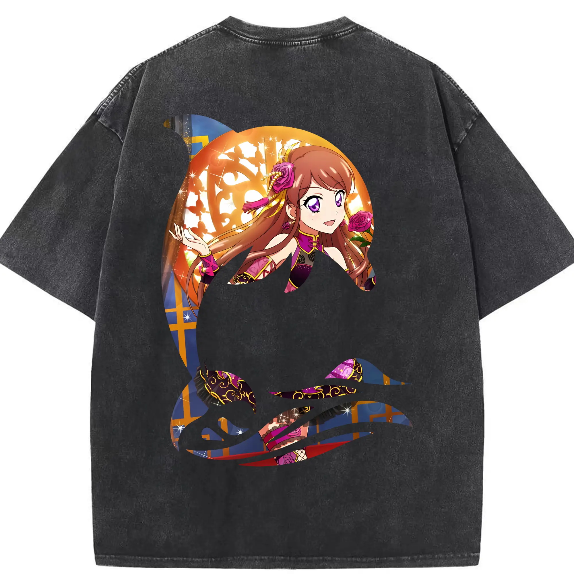 アイカツ グッズ 紫吹 蘭 - 綿100％ ヴィンテージ風 半袖Tシャツ ・ 背面プリント ・ 柔らか肌触り ・ 通気性 快適 ・ スポーツ カジュアル 外出用