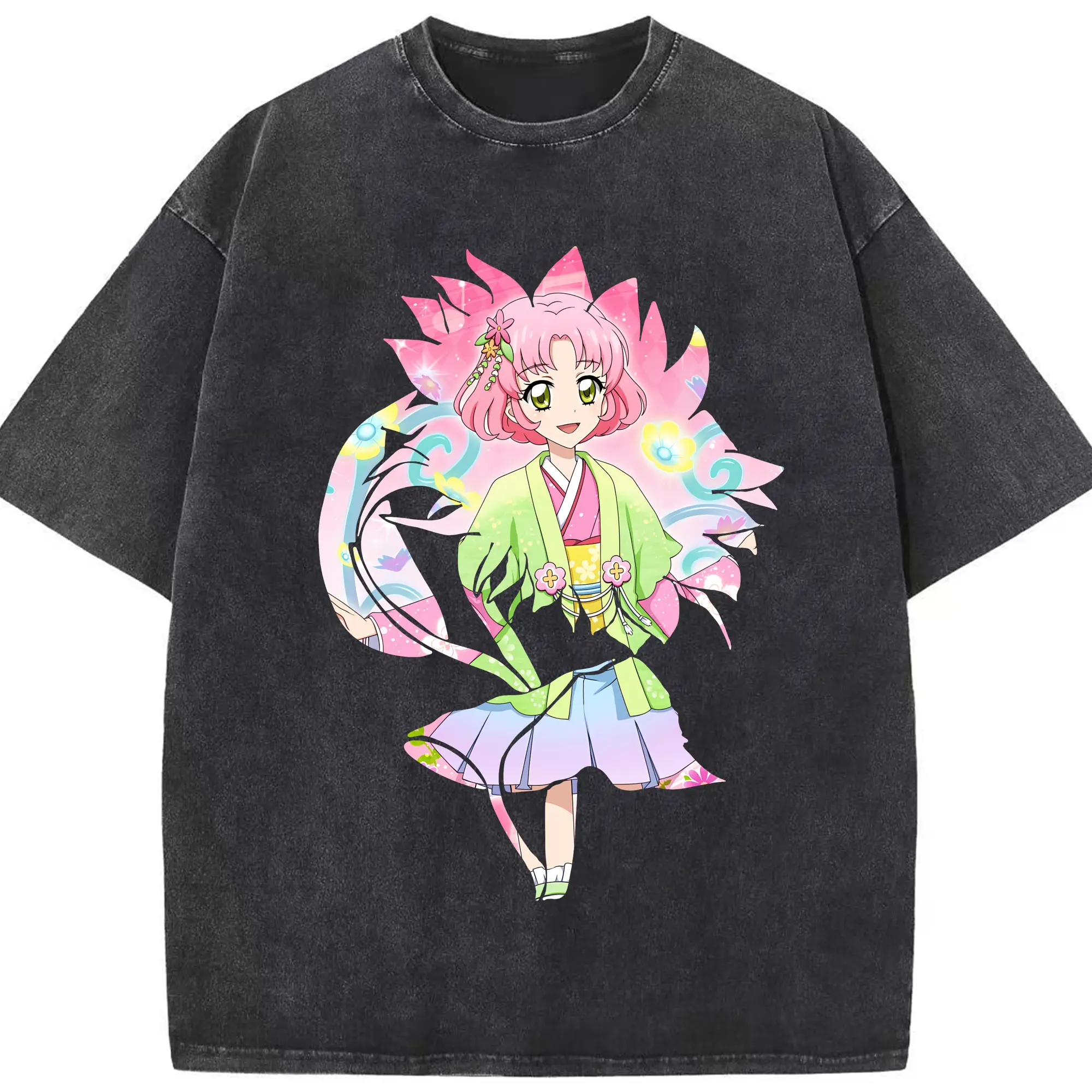 アイカツ グッズ 北大路 さくら - 綿100％ ヴィンテージ風 半袖Tシャツ ・ フロントプリント ・ 柔らか肌触り ・ 通気性 快適 ・ スポーツ カジュアル 外出用