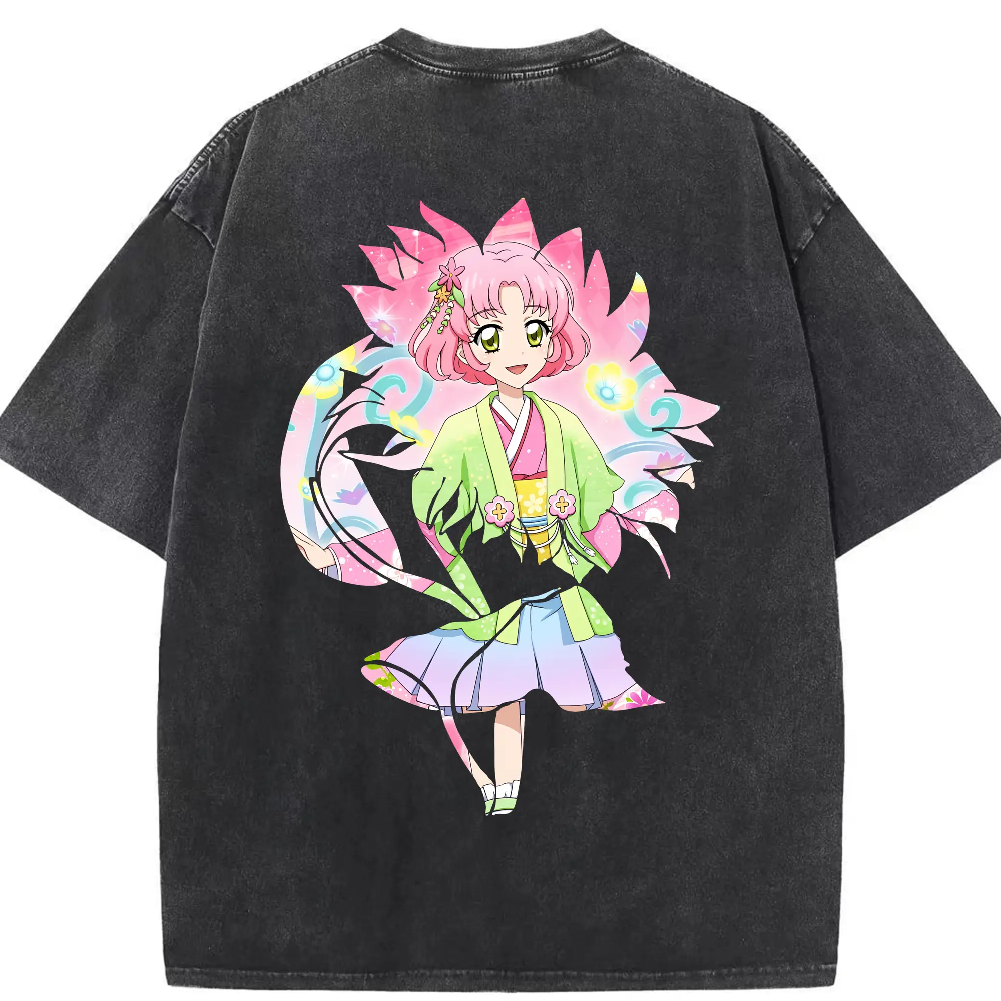 アイカツ グッズ 北大路 さくら - 綿100％ ヴィンテージ風 半袖Tシャツ ・ 背面プリント ・ 柔らか肌触り ・ 通気性 快適 ・ スポーツ カジュアル 外出用