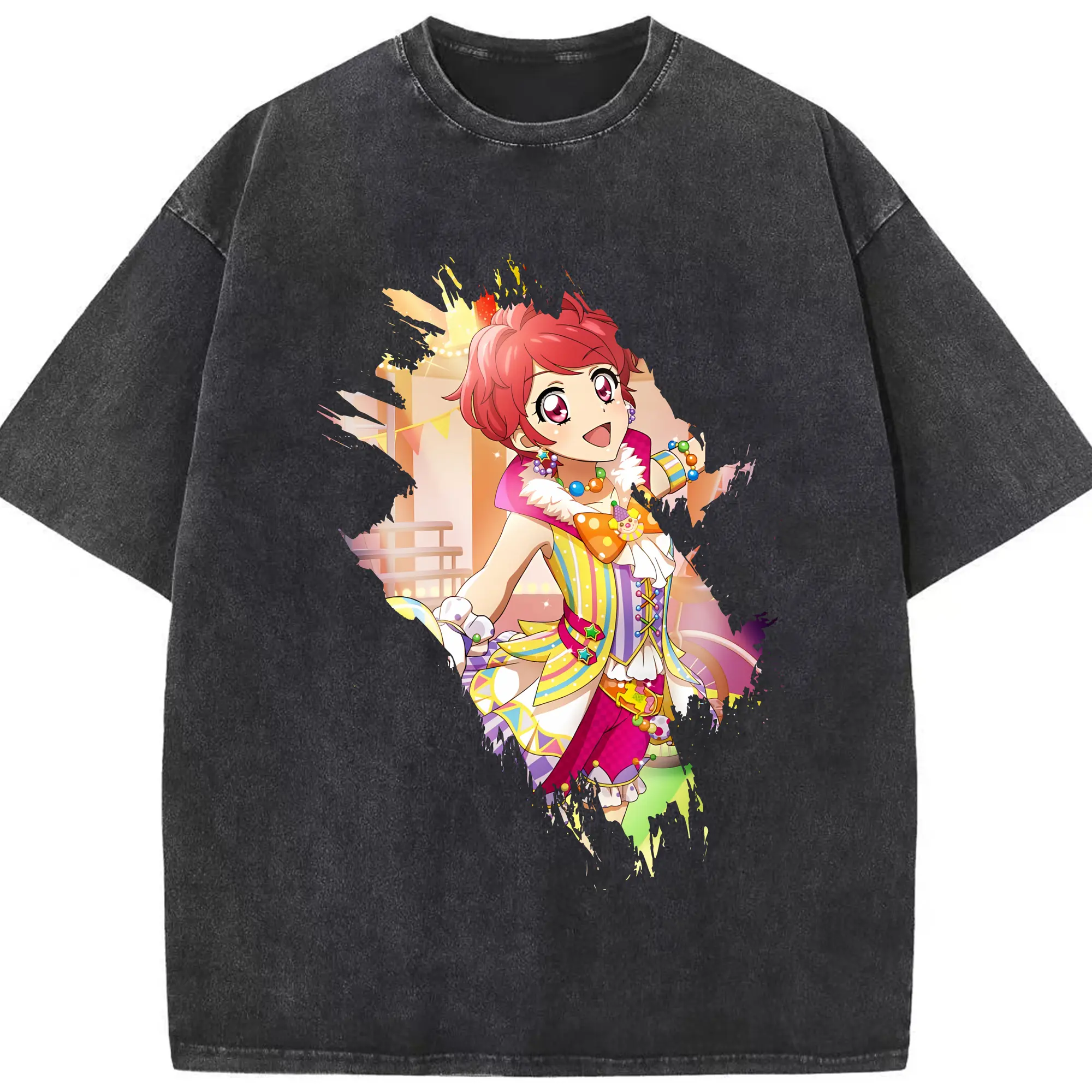 アイカツ グッズ 一ノ瀬 かえで - 綿100％ ヴィンテージ風 半袖Tシャツ ・ フロントプリント ・ 柔らか肌触り ・ 通気性 快適 ・ スポーツ カジュアル 外出用