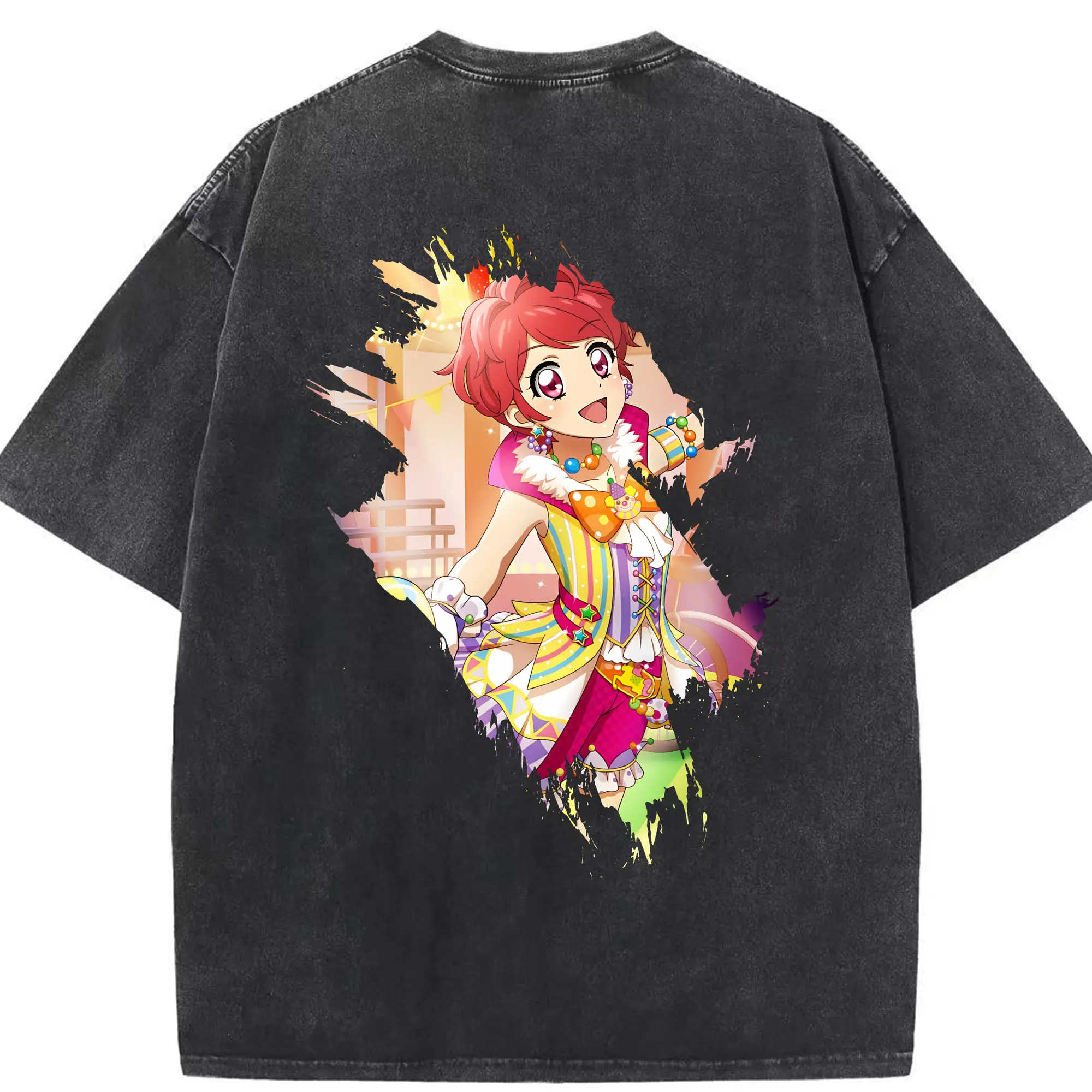 アイカツ グッズ 一ノ瀬 かえで - 綿100％ ヴィンテージ風 半袖Tシャツ ・ 背面プリント ・ 柔らか肌触り ・ 通気性 快適 ・ スポーツ カジュアル 外出用