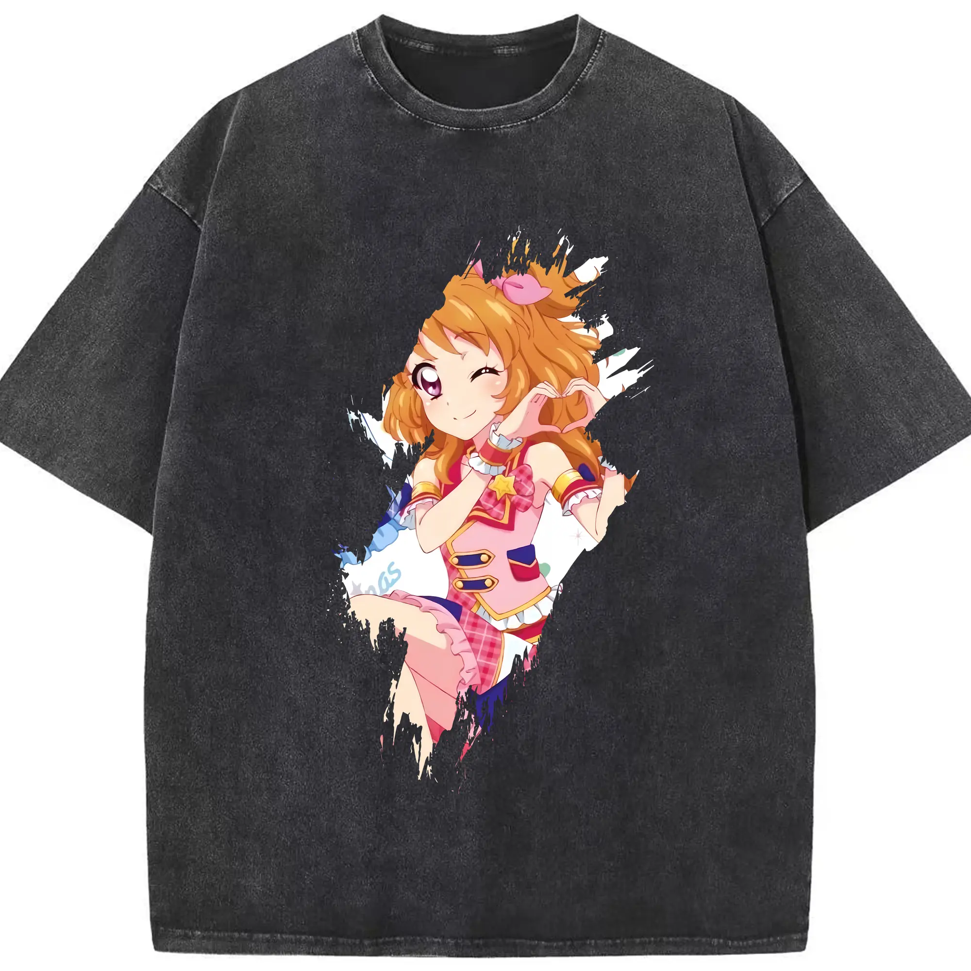 アイカツ グッズ 大空 あかり - 綿100％ ヴィンテージ風 半袖Tシャツ ・ フロントプリント ・ 柔らか肌触り ・ 通気性 快適 ・ スポーツ カジュアル 外出用