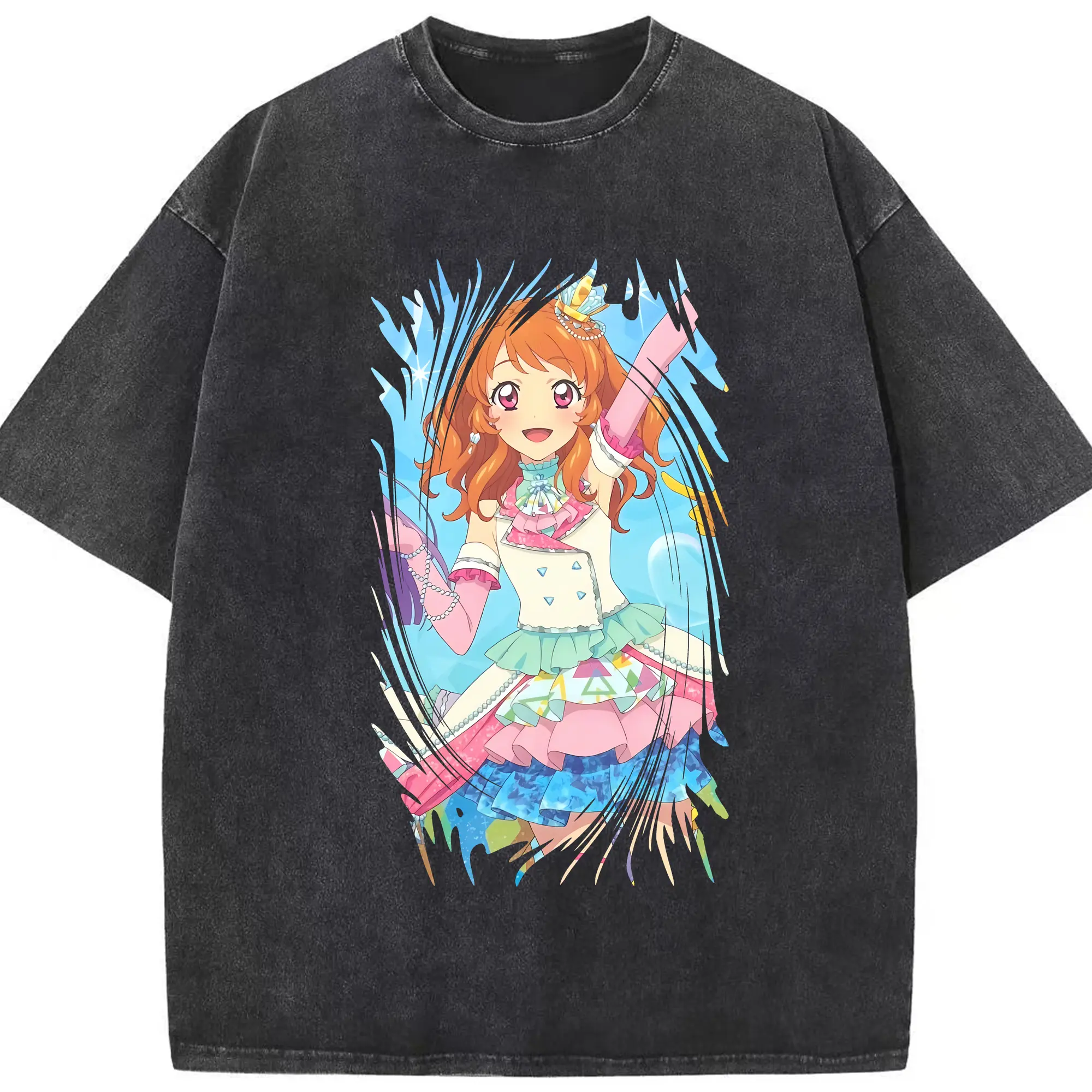 アイカツ グッズ 大空 あかり - 綿100％ ヴィンテージ風 半袖Tシャツ ・ フロントプリント ・ 柔らか肌触り ・ 通気性 快適 ・ スポーツ カジュアル 外出用
