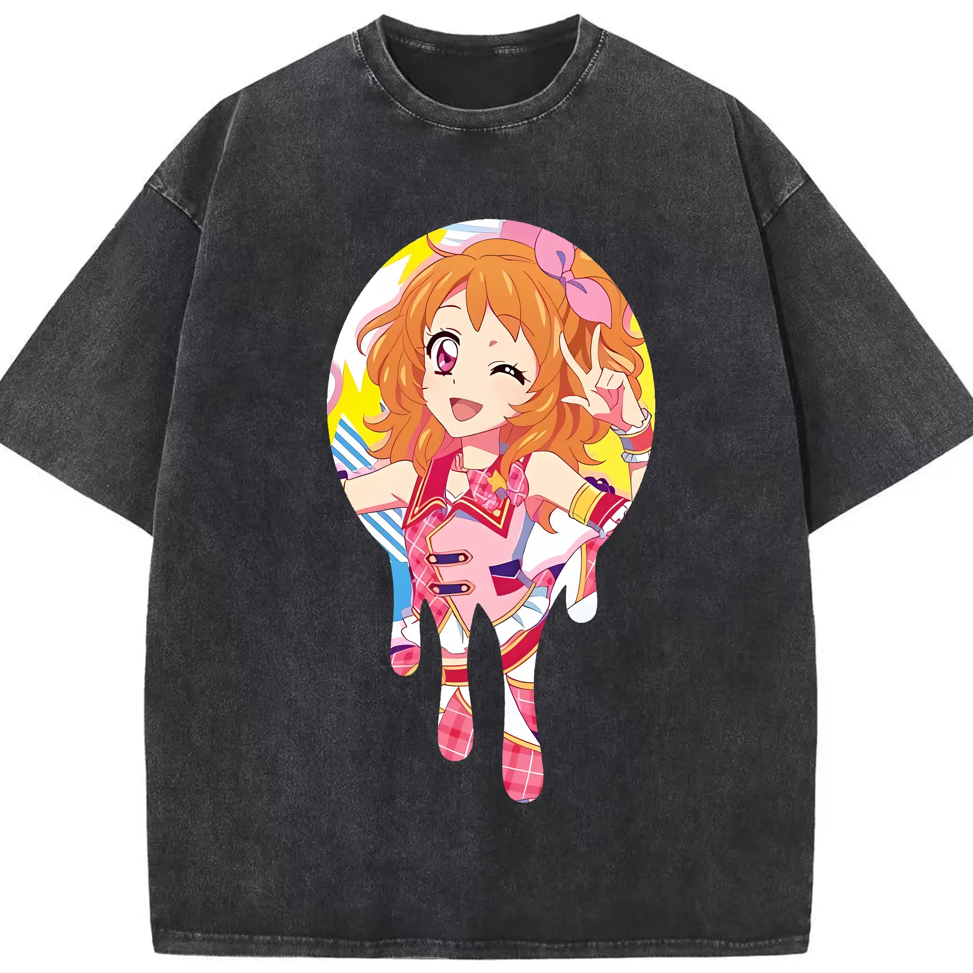 アイカツ グッズ 大空 あかり - 綿100％ ヴィンテージ風 半袖Tシャツ ・ フロントプリント ・ 柔らか肌触り ・ 通気性 快適 ・ スポーツ カジュアル 外出用