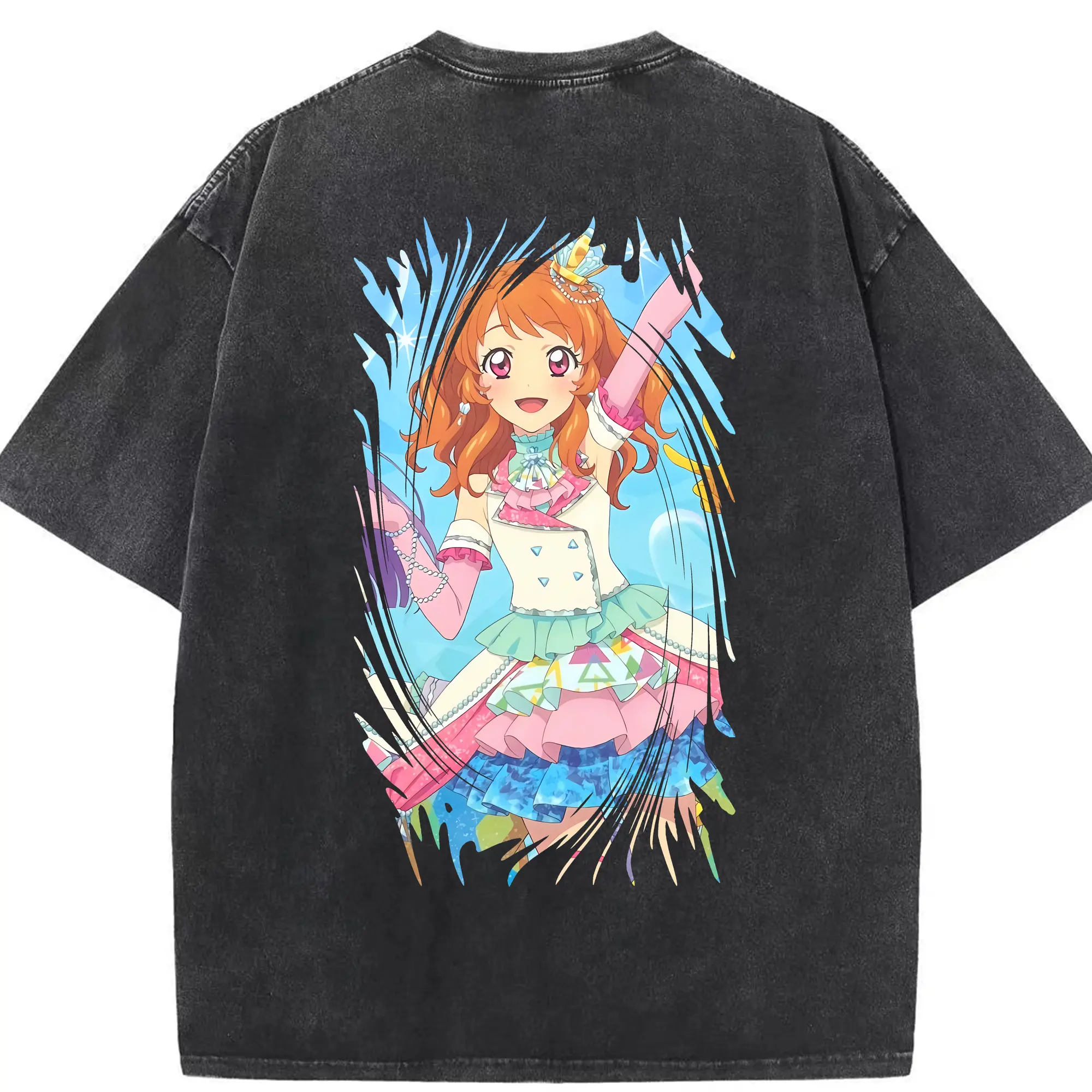 アイカツ グッズ 大空 あかり - 綿100％ ヴィンテージ風 半袖Tシャツ ・ 背面プリント ・ 柔らか肌触り ・ 通気性 快適 ・ スポーツ カジュアル 外出用