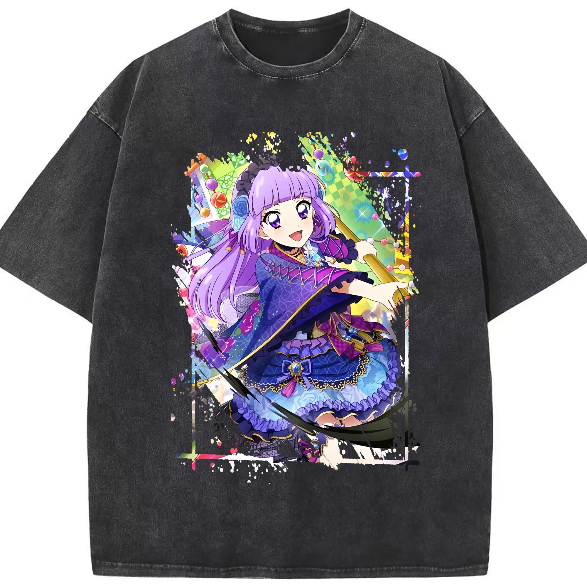 アイカツ グッズ 氷上 スミレ - 綿100％ ヴィンテージ風 半袖Tシャツ ・ フロントプリント ・ 柔らか肌触り ・ 通気性 快適 ・ スポーツ カジュアル 外出用