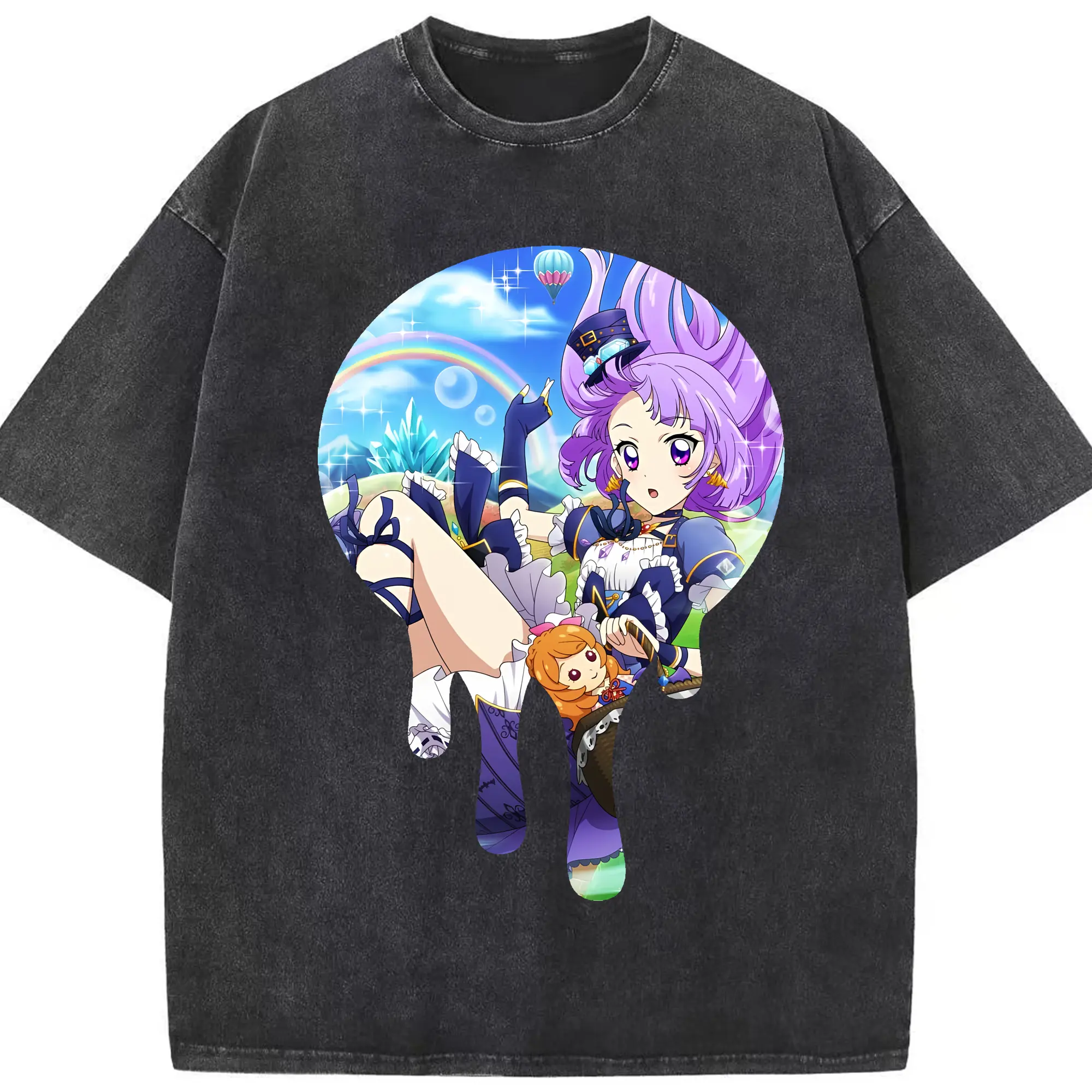 アイカツ グッズ 氷上 スミレ - 綿100％ ヴィンテージ風 半袖Tシャツ ・ フロントプリント ・ 柔らか肌触り ・ 通気性 快適 ・ スポーツ カジュアル 外出用