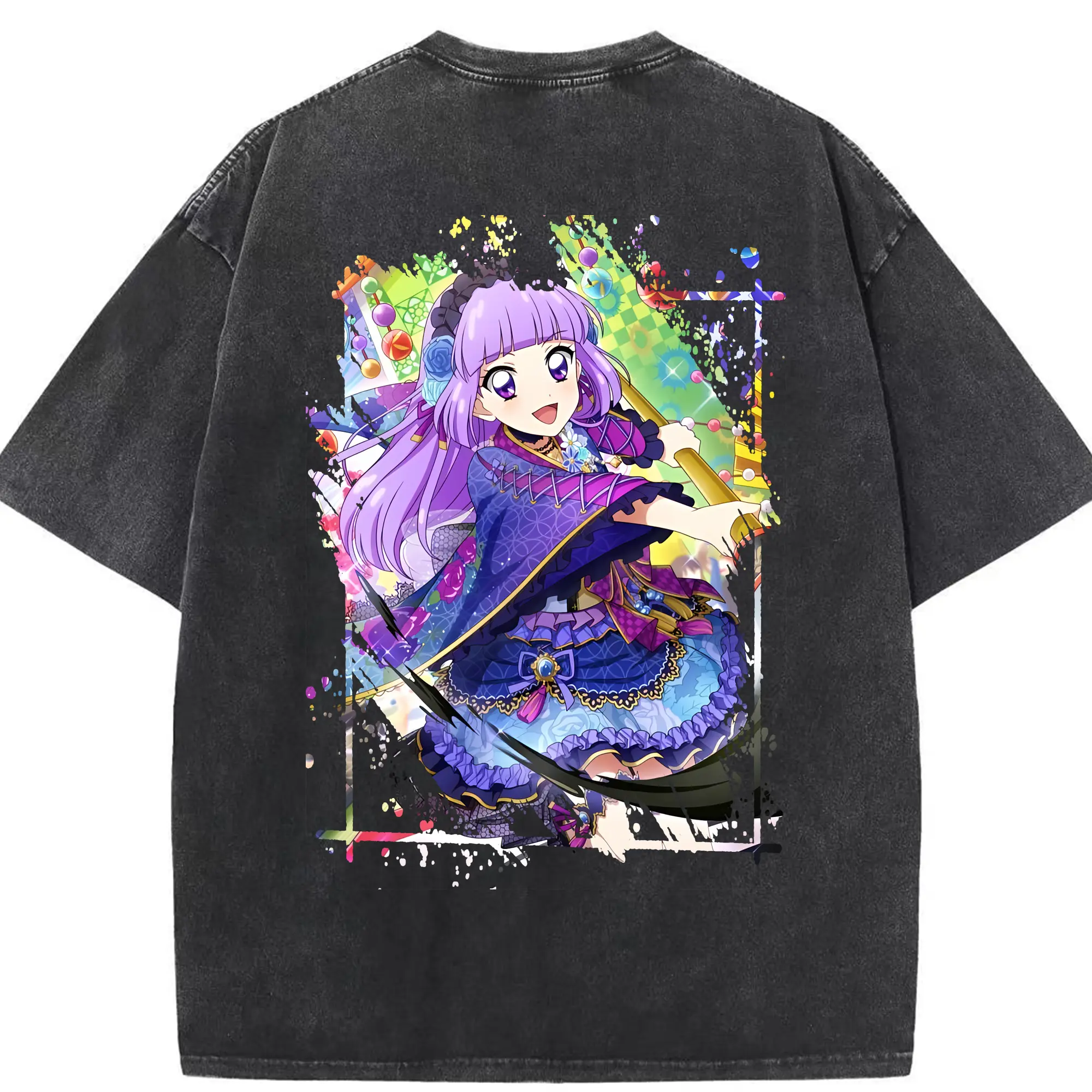 アイカツ グッズ 氷上 スミレ - 綿100％ ヴィンテージ風 半袖Tシャツ ・ 背面プリント ・ 柔らか肌触り ・ 通気性 快適 ・ スポーツ カジュアル 外出用