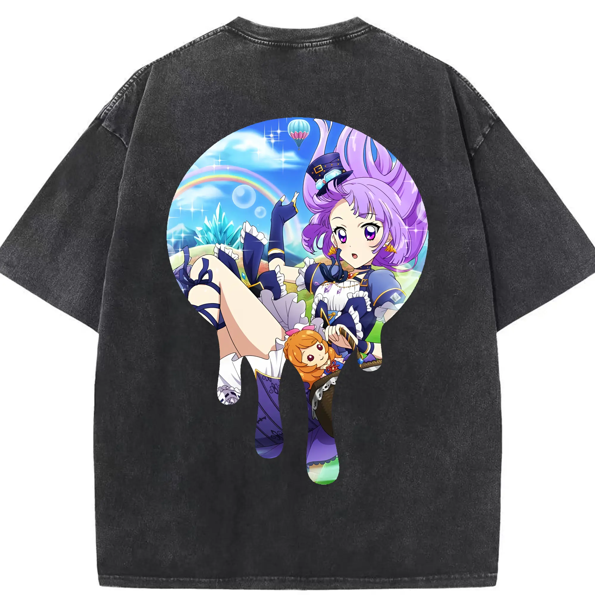 アイカツ グッズ 氷上 スミレ - 綿100％ ヴィンテージ風 半袖Tシャツ ・ 背面プリント ・ 柔らか肌触り ・ 通気性 快適 ・ スポーツ カジュアル 外出用