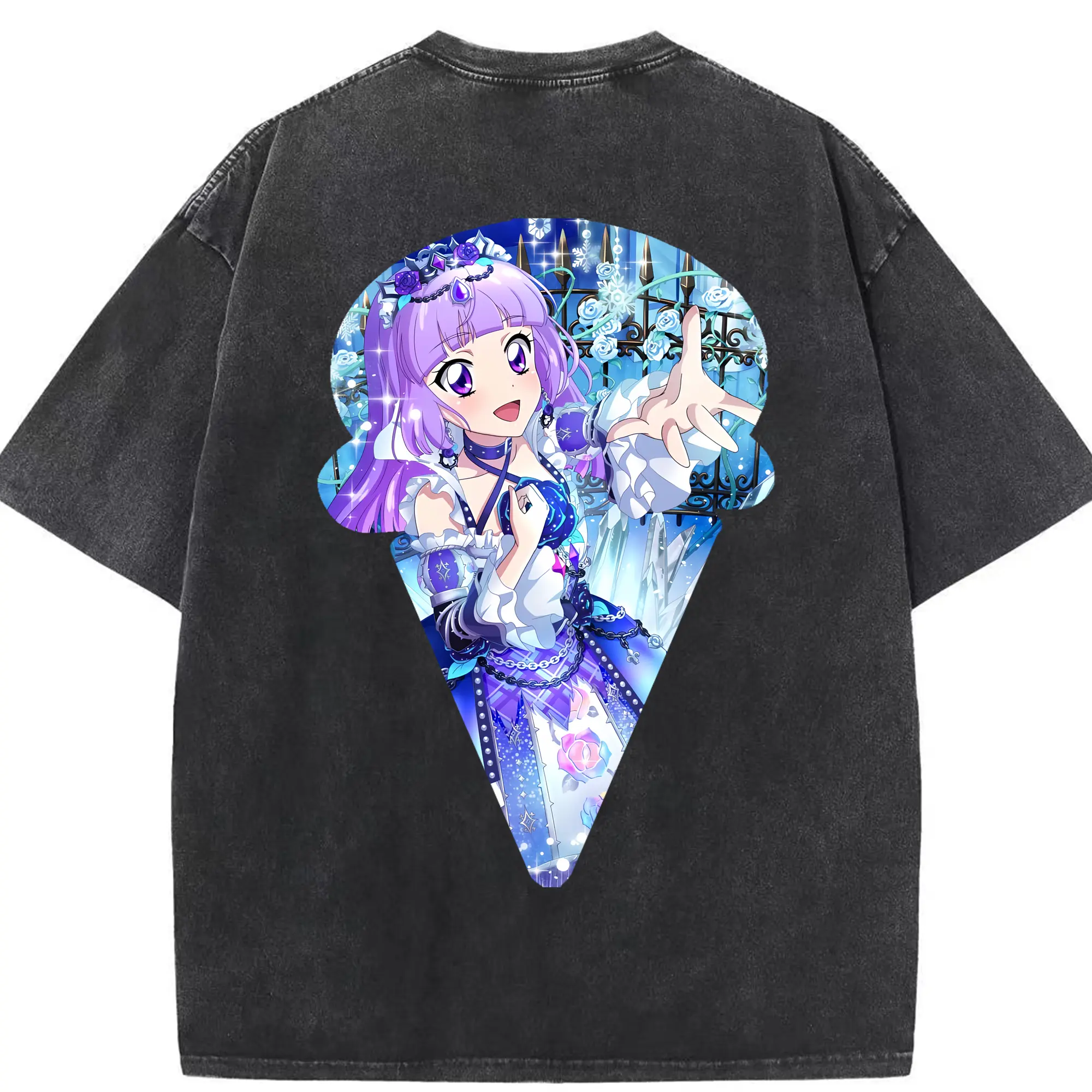 アイカツ グッズ 氷上 スミレ - 綿100％ ヴィンテージ風 半袖Tシャツ ・ 背面プリント ・ 柔らか肌触り ・ 通気性 快適 ・ スポーツ カジュアル 外出用