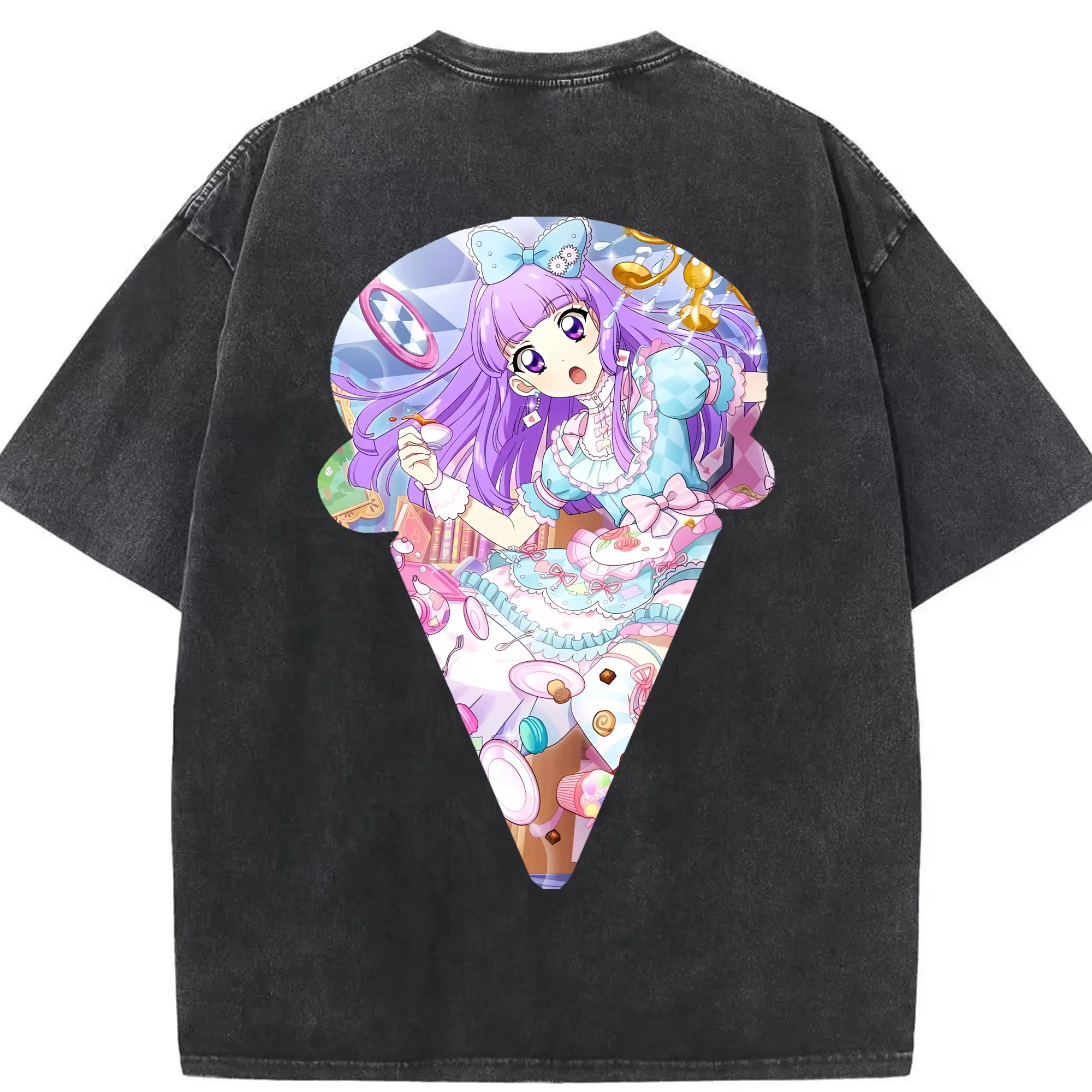 アイカツ グッズ 氷上 スミレ - 綿100％ ヴィンテージ風 半袖Tシャツ ・ 背面プリント ・ 柔らか肌触り ・ 通気性 快適 ・ スポーツ カジュアル 外出用