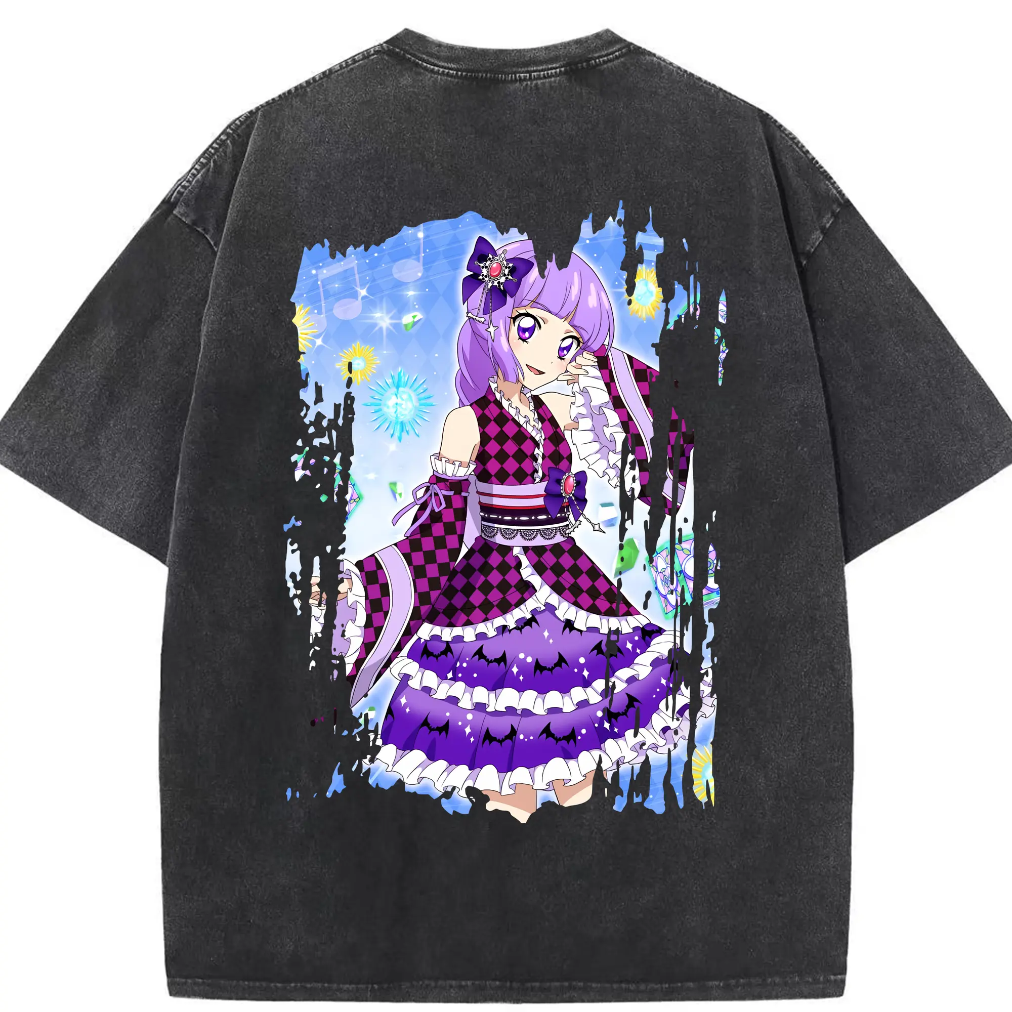 アイカツ グッズ 氷上 スミレ - 綿100％ ヴィンテージ風 半袖Tシャツ ・ 背面プリント ・ 柔らか肌触り ・ 通気性 快適 ・ スポーツ カジュアル 外出用