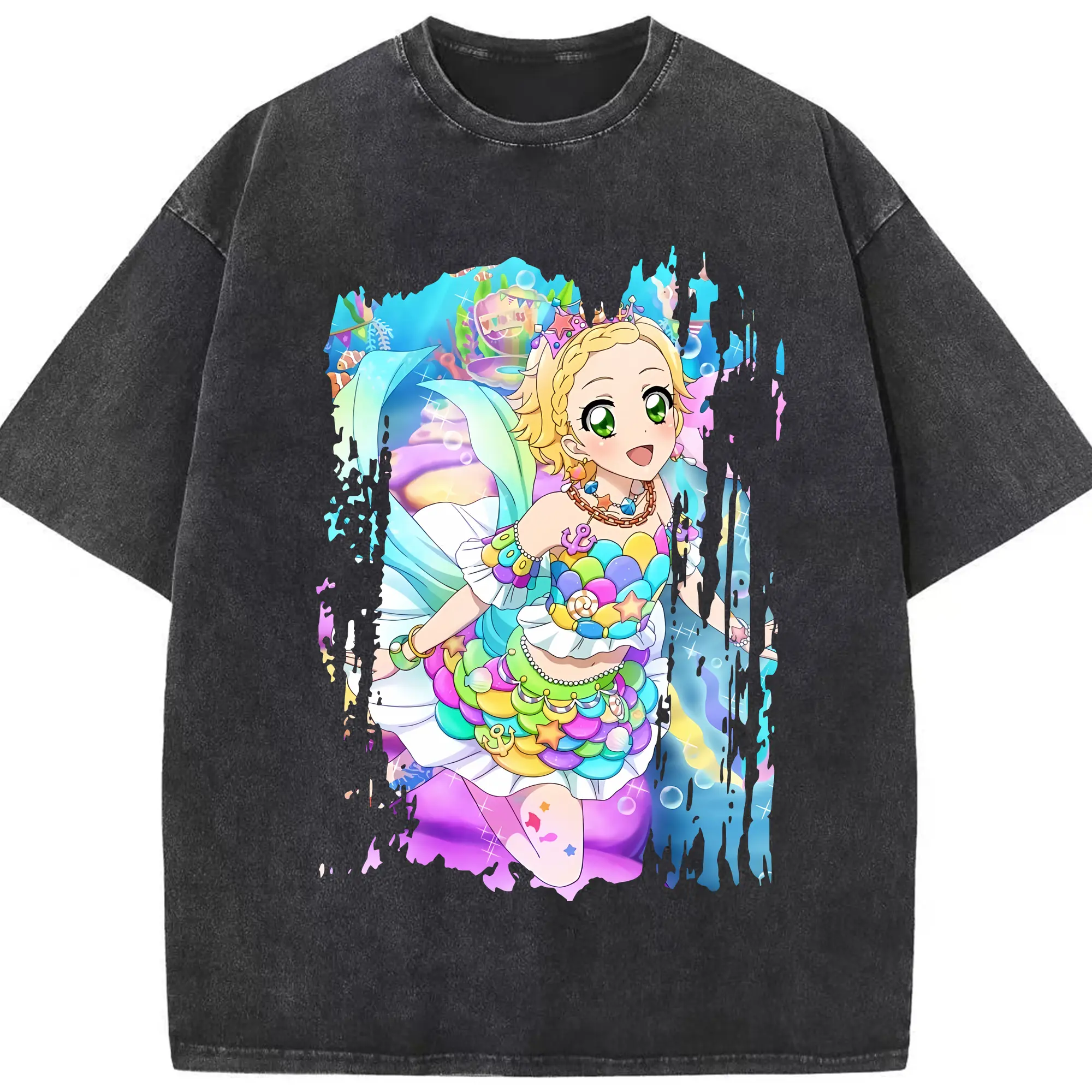 アイカツ グッズ 新条 ひなき - 綿100％ ヴィンテージ風 半袖Tシャツ ・ フロントプリント ・ 柔らか肌触り ・ 通気性 快適 ・ スポーツ カジュアル 外出用