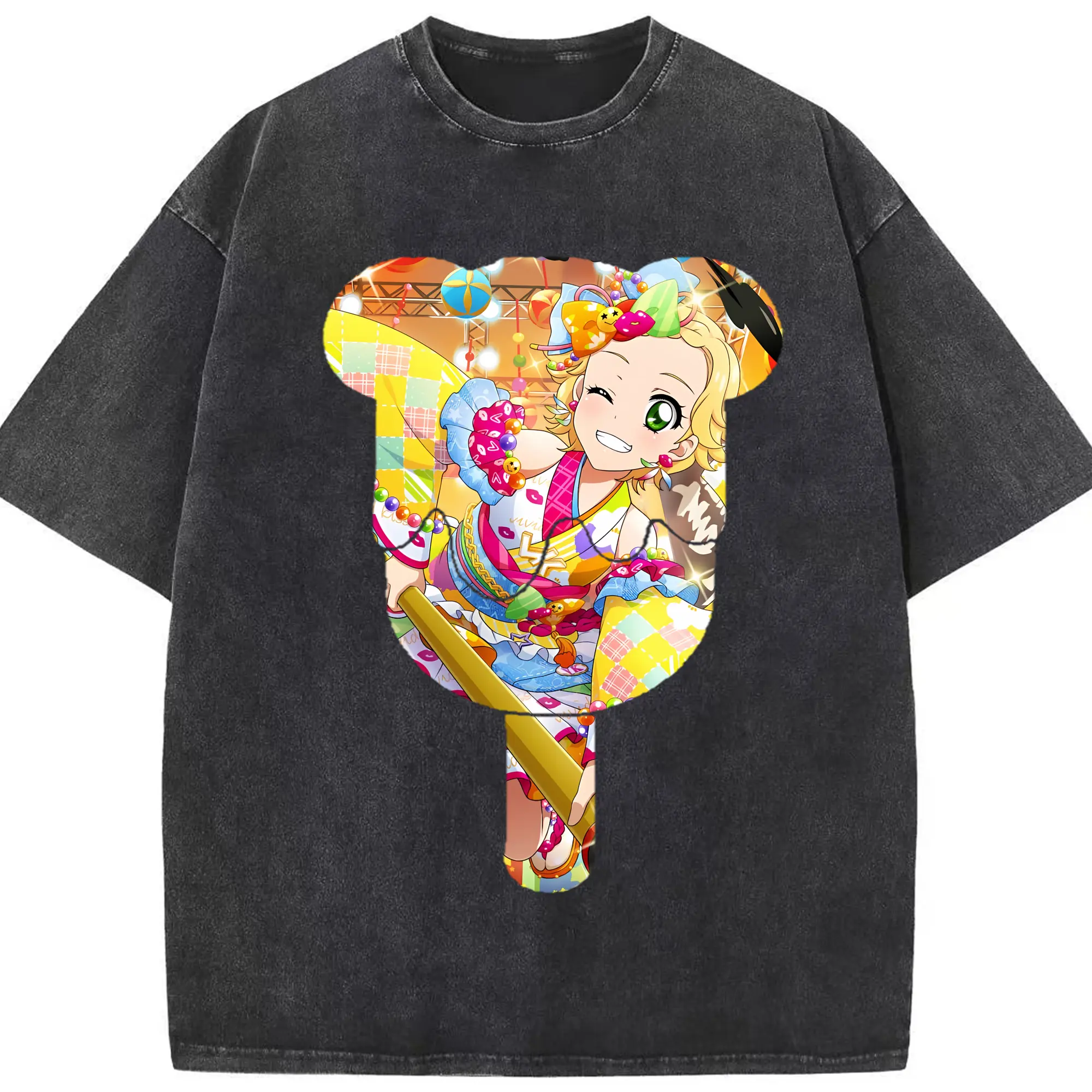 アイカツ グッズ 新条 ひなき - 綿100％ ヴィンテージ風 半袖Tシャツ ・ フロントプリント ・ 柔らか肌触り ・ 通気性 快適 ・ スポーツ カジュアル 外出用