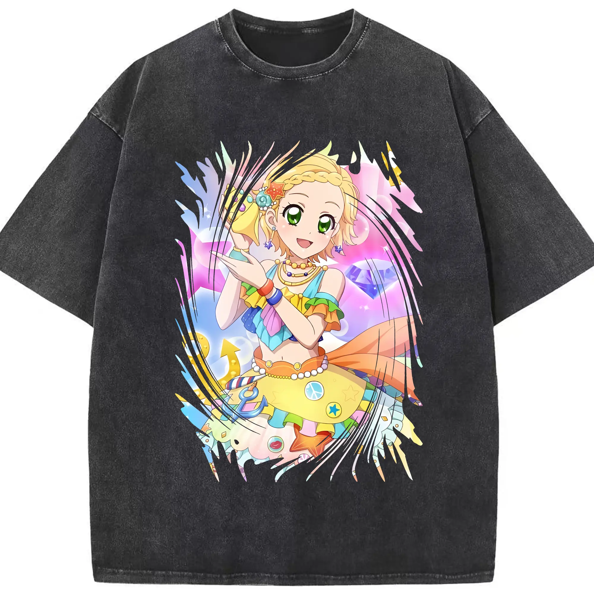 アイカツ グッズ 新条 ひなき - 綿100％ ヴィンテージ風 半袖Tシャツ ・ フロントプリント ・ 柔らか肌触り ・ 通気性 快適 ・ スポーツ カジュアル 外出用