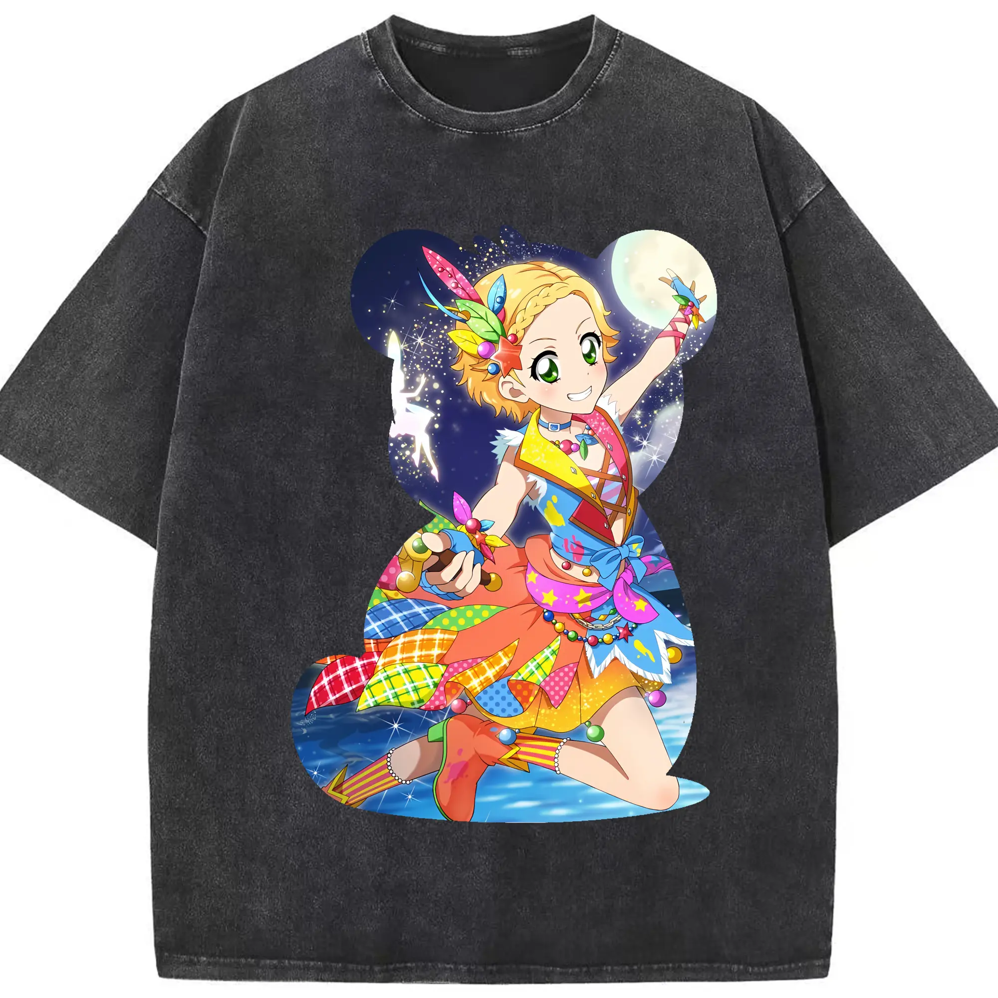 アイカツ グッズ 新条 ひなき - 綿100％ ヴィンテージ風 半袖Tシャツ ・ フロントプリント ・ 柔らか肌触り ・ 通気性 快適 ・ スポーツ カジュアル 外出用