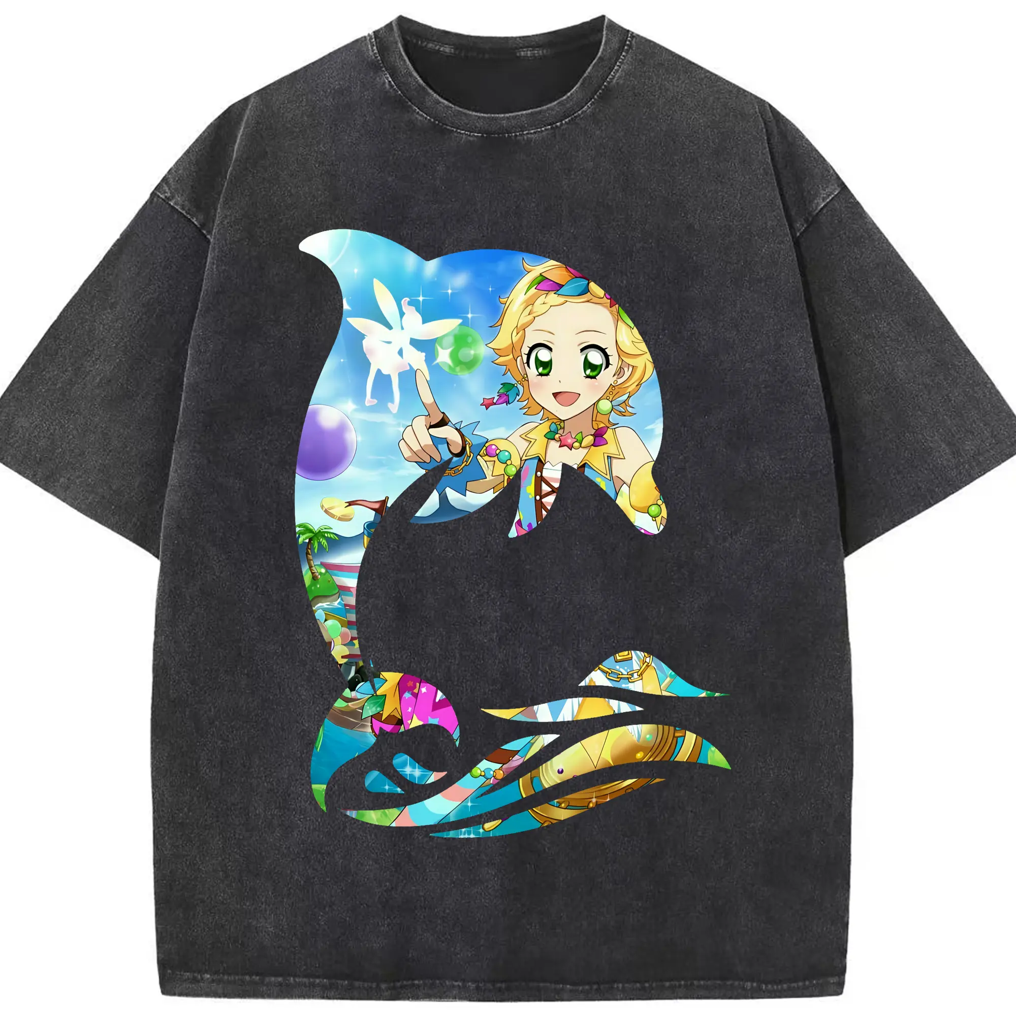 アイカツ グッズ 新条 ひなき - 綿100％ ヴィンテージ風 半袖Tシャツ ・ フロントプリント ・ 柔らか肌触り ・ 通気性 快適 ・ スポーツ カジュアル 外出用