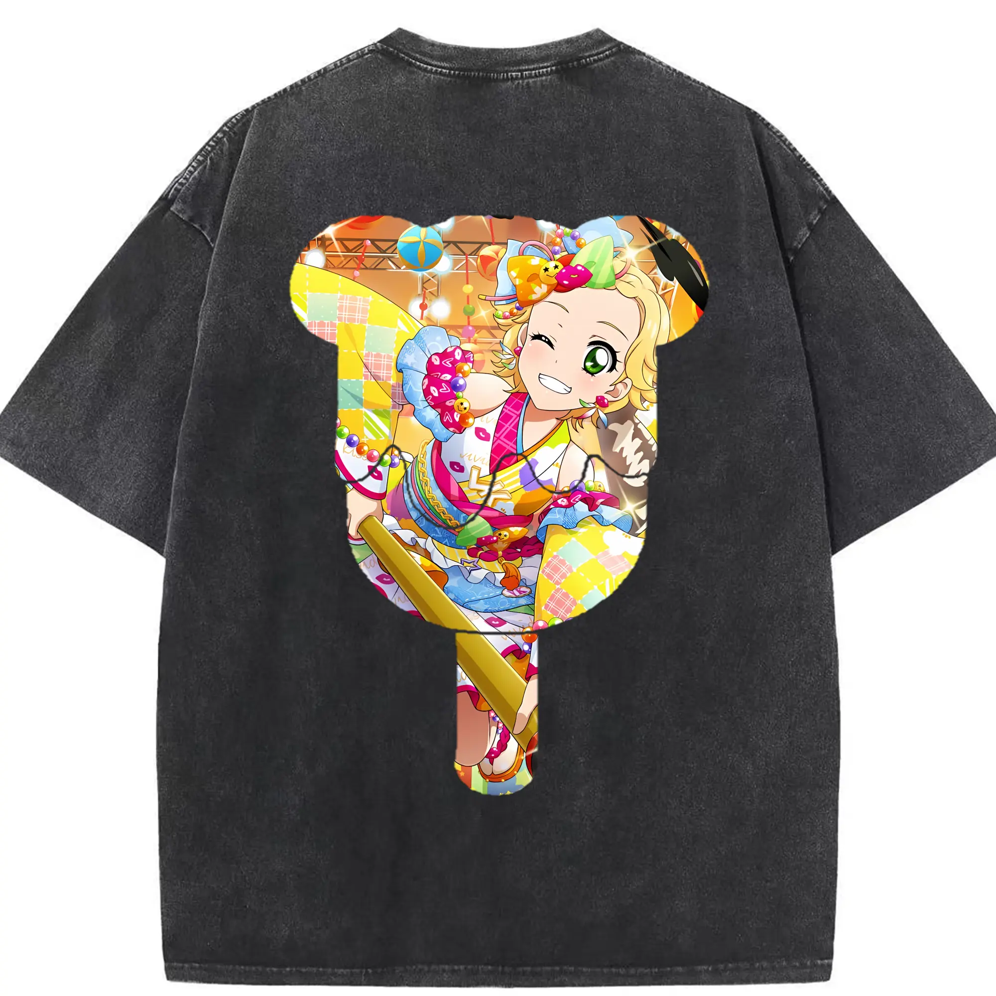 アイカツ グッズ 新条 ひなき - 綿100％ ヴィンテージ風 半袖Tシャツ ・ 背面プリント ・ 柔らか肌触り ・ 通気性 快適 ・ スポーツ カジュアル 外出用