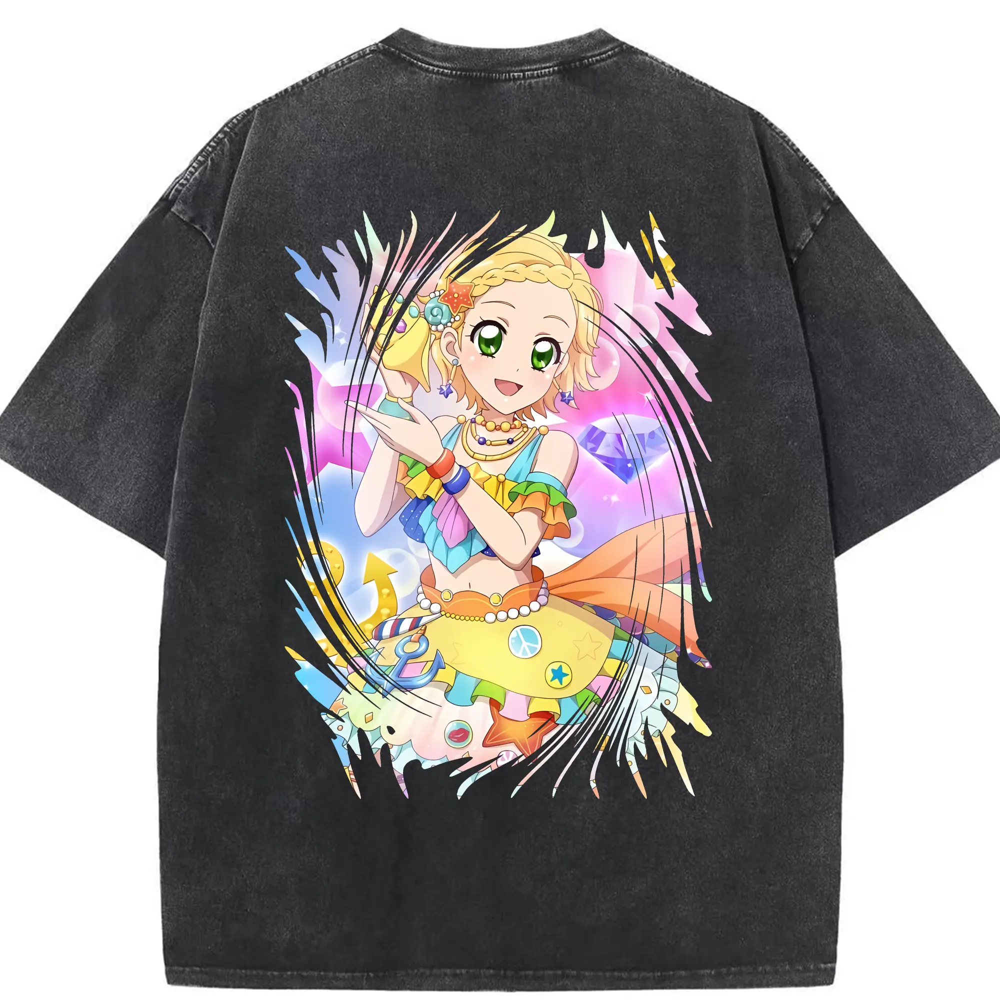 アイカツ グッズ 新条 ひなき - 綿100％ ヴィンテージ風 半袖Tシャツ ・ 背面プリント ・ 柔らか肌触り ・ 通気性 快適 ・ スポーツ カジュアル 外出用