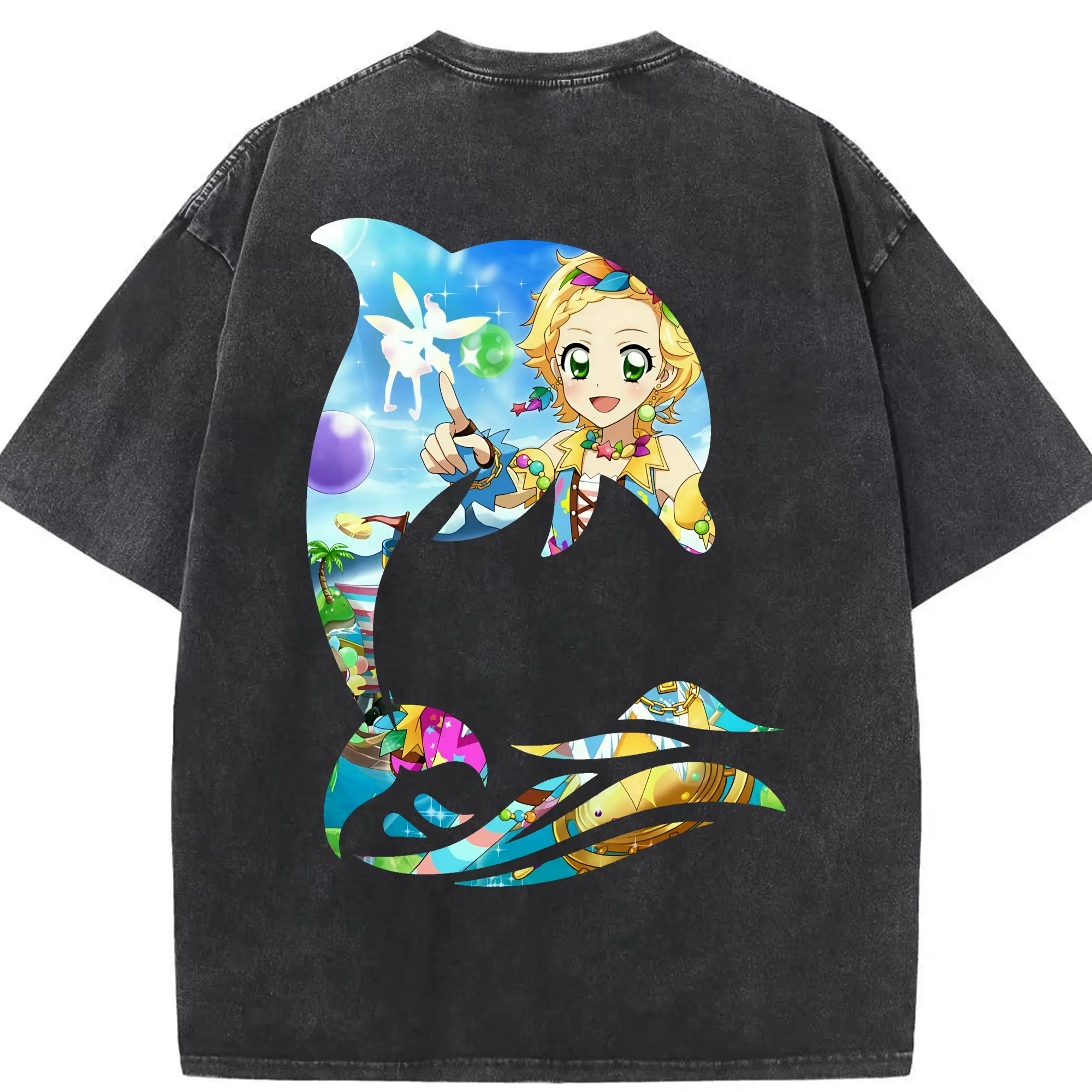 アイカツ グッズ 新条 ひなき - 綿100％ ヴィンテージ風 半袖Tシャツ ・ 背面プリント ・ 柔らか肌触り ・ 通気性 快適 ・ スポーツ カジュアル 外出用