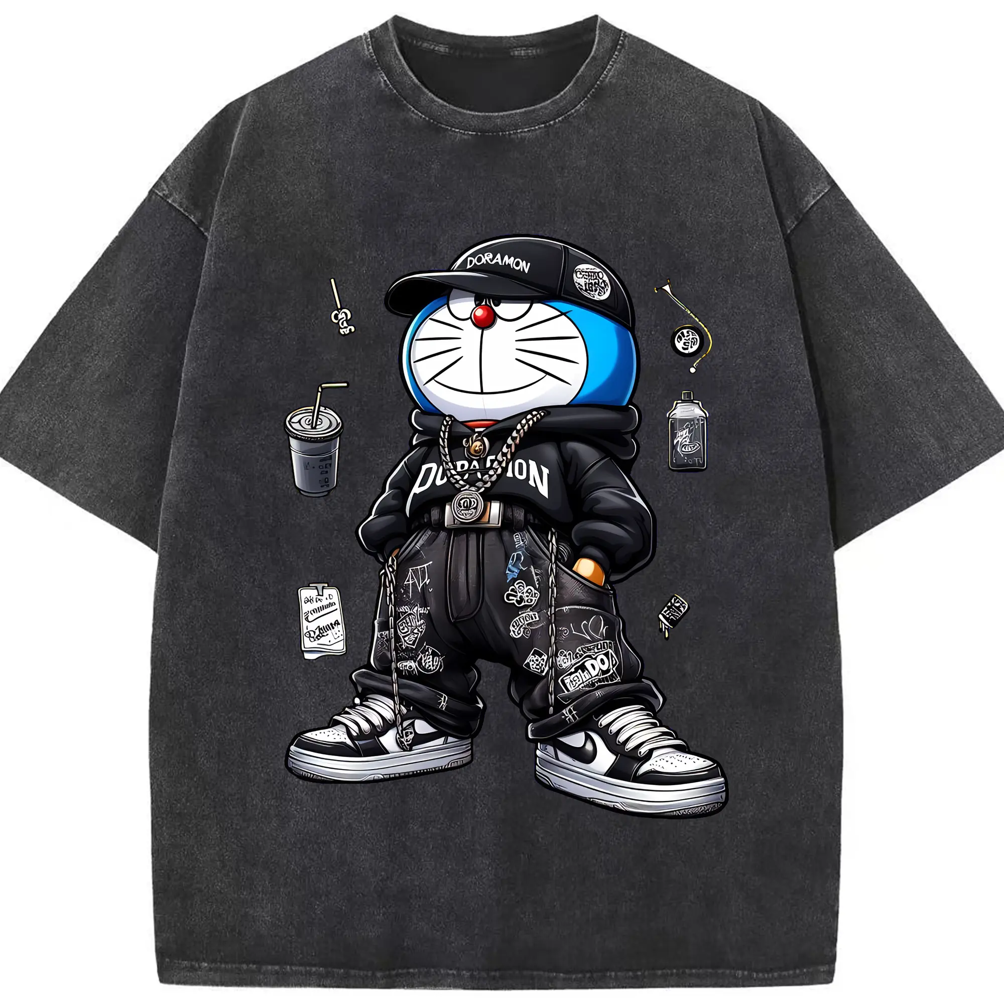 ドラえもん グッズドラえもん - 綿100％ ヴィンテージ風 半袖Tシャツ ・ フロントプリント ・ 柔らか肌触り ・ 通気性 快適 ・ スポーツ カジュアル 外出用