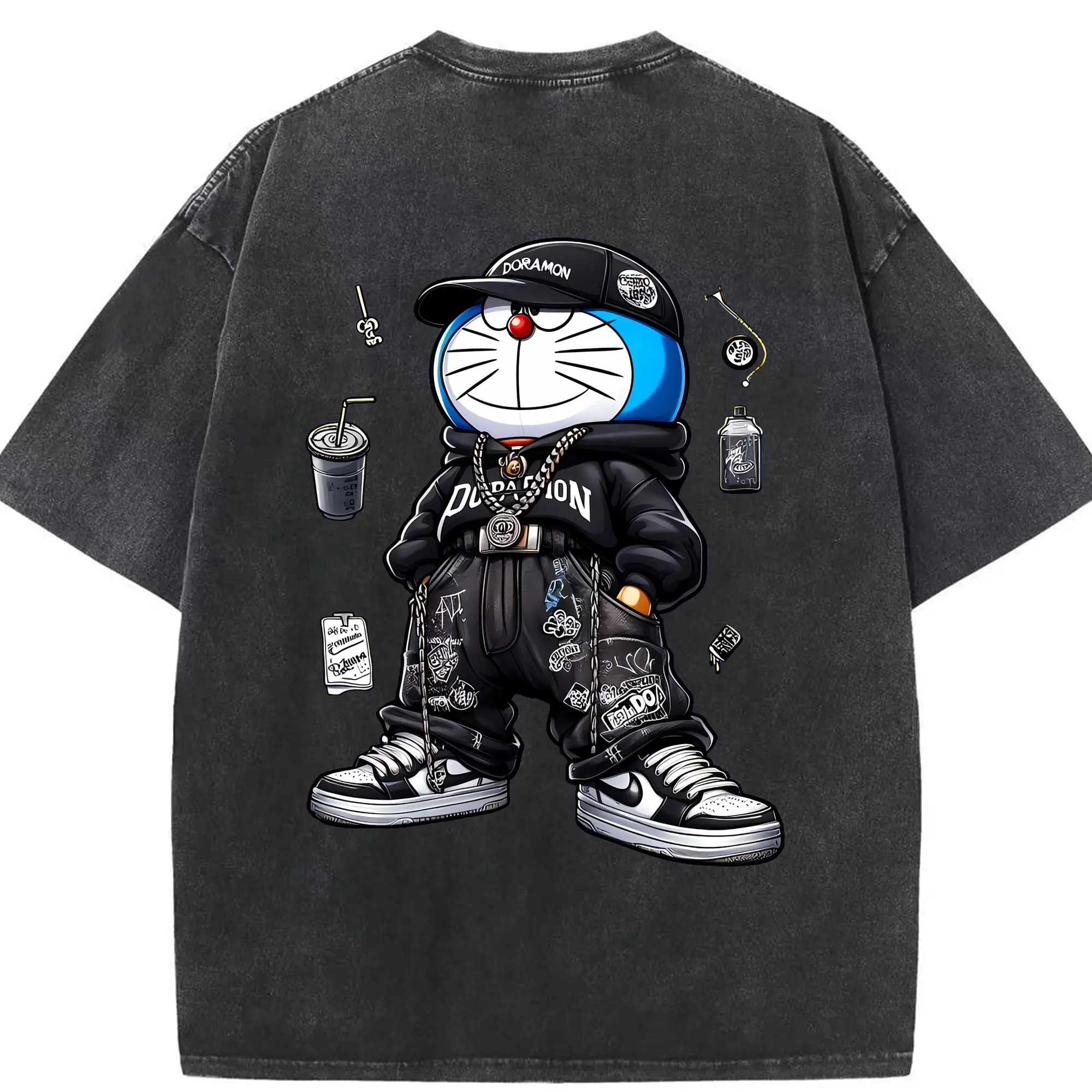 ドラえもん グッズドラえもん - 綿100％ ヴィンテージ風 半袖Tシャツ ・ 背面プリント ・ 柔らか肌触り ・ 通気性 快適 ・ スポーツ カジュアル 外出用