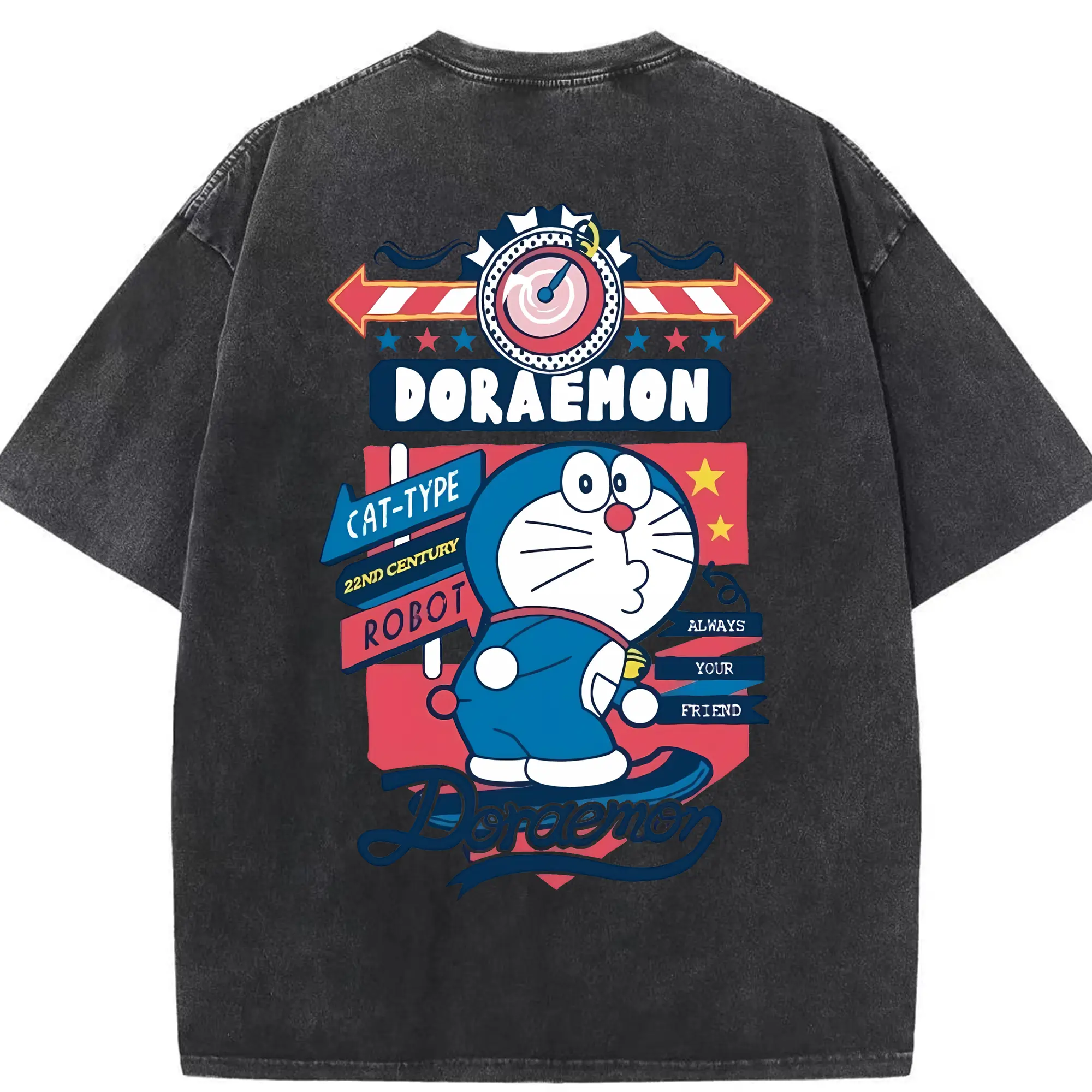 ドラえもん グッズドラえもん - 綿100％ ヴィンテージ風 半袖Tシャツ ・ 背面プリント ・ 柔らか肌触り ・ 通気性 快適 ・ スポーツ カジュアル 外出用