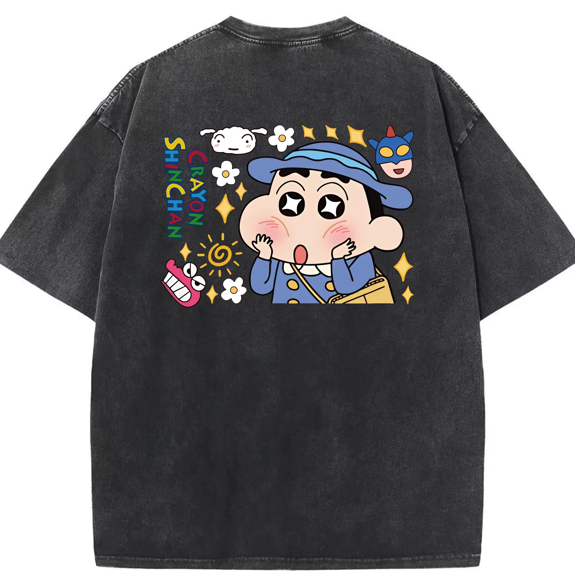 クレヨンしんちゃん グッズ 野原 しんのすけ - 綿100％ ヴィンテージ風 半袖Tシャツ ・ 背面プリント ・ 柔らか肌触り ・ 通気性 快適 ・ スポーツ カジュアル 外出用