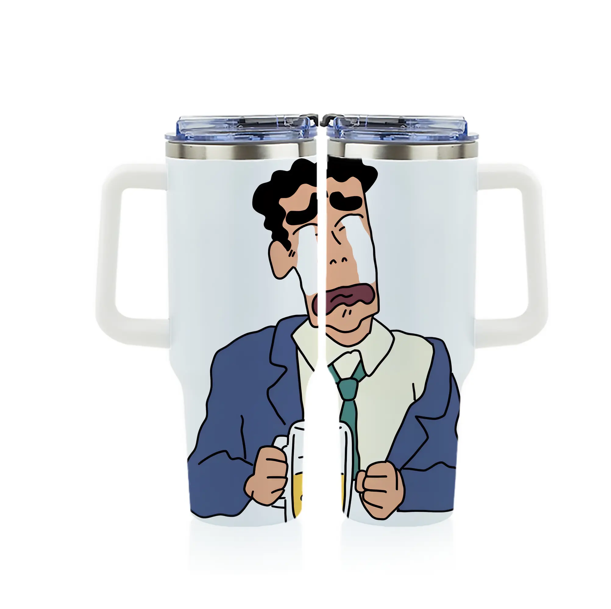 クレヨンしんちゃん グッズ 野原 ひろし - 1200mL フルプリント車用タンブラー ・ 304ステンレス 内側 ・ 201ステンレス 外側 ・ 保温 保冷 ・ 通勤 ドライブ アウトドア用