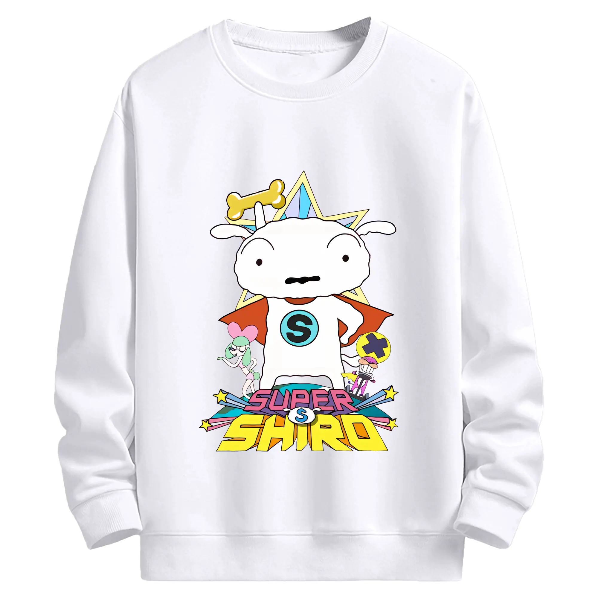 クレヨンしんちゃん グッズ シロ - 高品質 クルーネック スウェット ・ コットン59％ ポリエステル41％ ・ ユニセックス 長袖 トレーナー ・ カジュアル デイリー スポーツ 散歩用