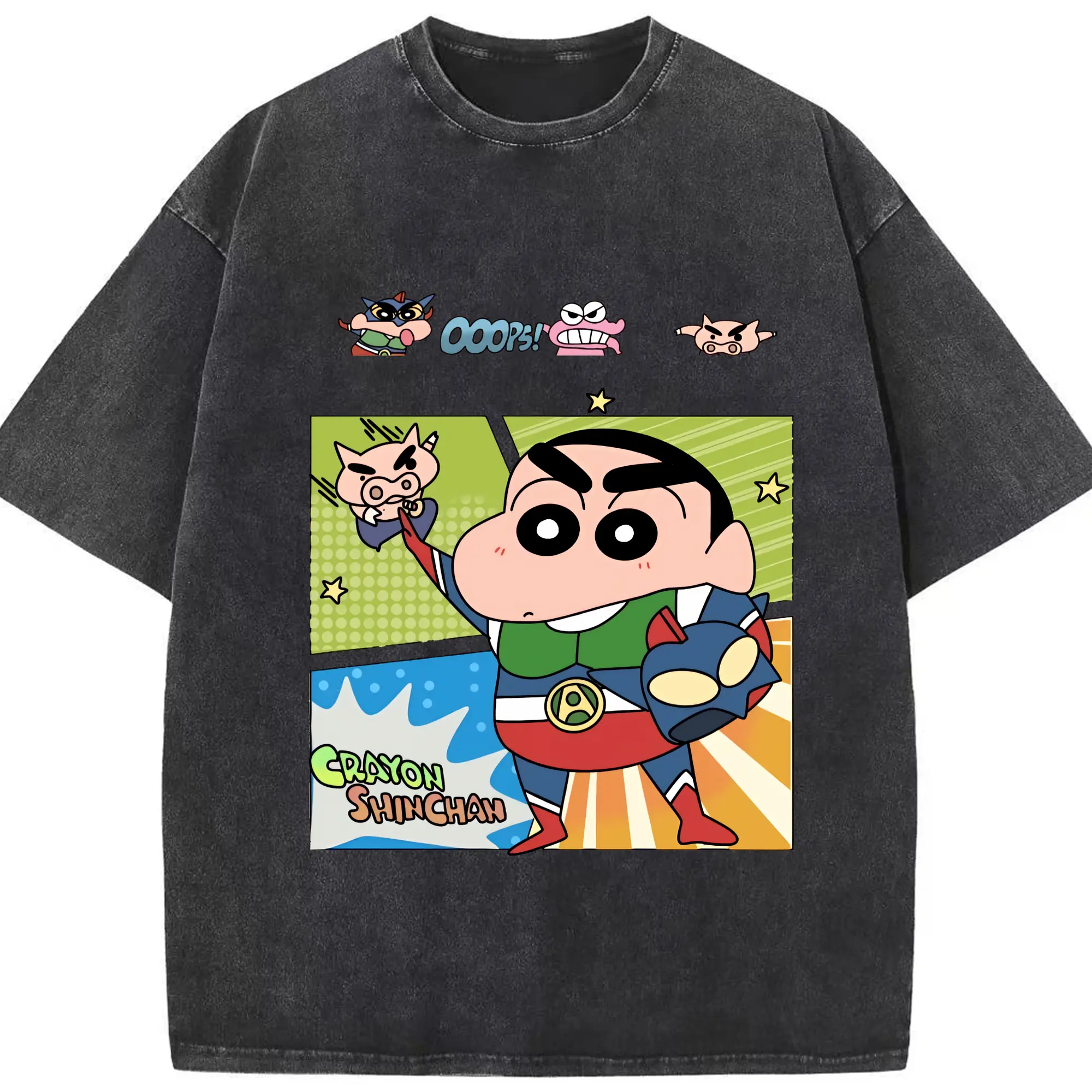 クレヨンしんちゃん グッズ アクション仮面 - 綿100％ ヴィンテージ風 半袖Tシャツ ・ フロントプリント ・ 柔らか肌触り ・ 通気性 快適 ・ スポーツ カジュアル 外出用