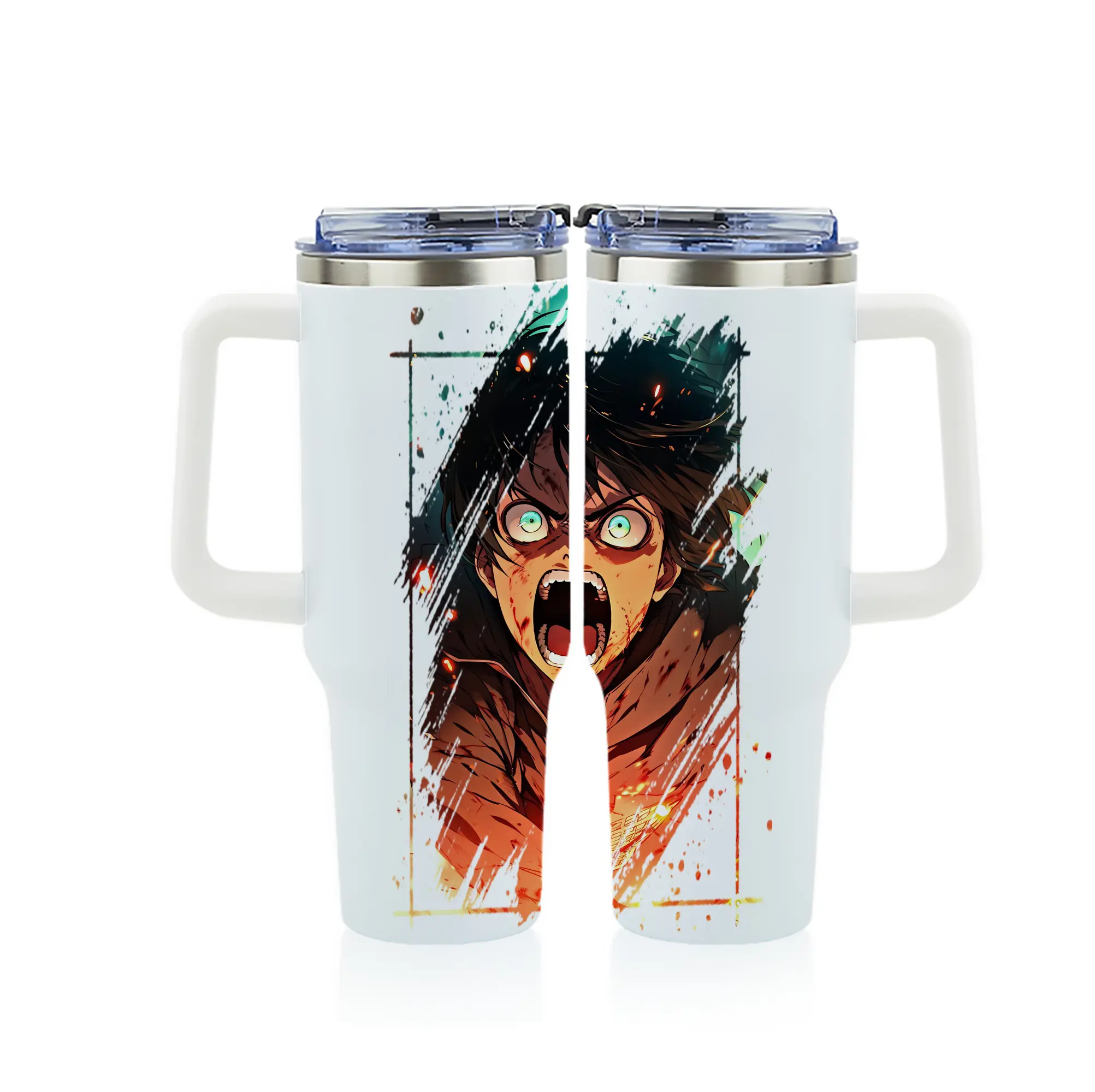進撃の巨人 グッズ エレン・イェーガー - 1200mL フルプリント車用タンブラー ・ 304ステンレス 内側 ・ 201ステンレス 外側 ・ 保温 保冷 ・ 通勤 ドライブ アウトドア用