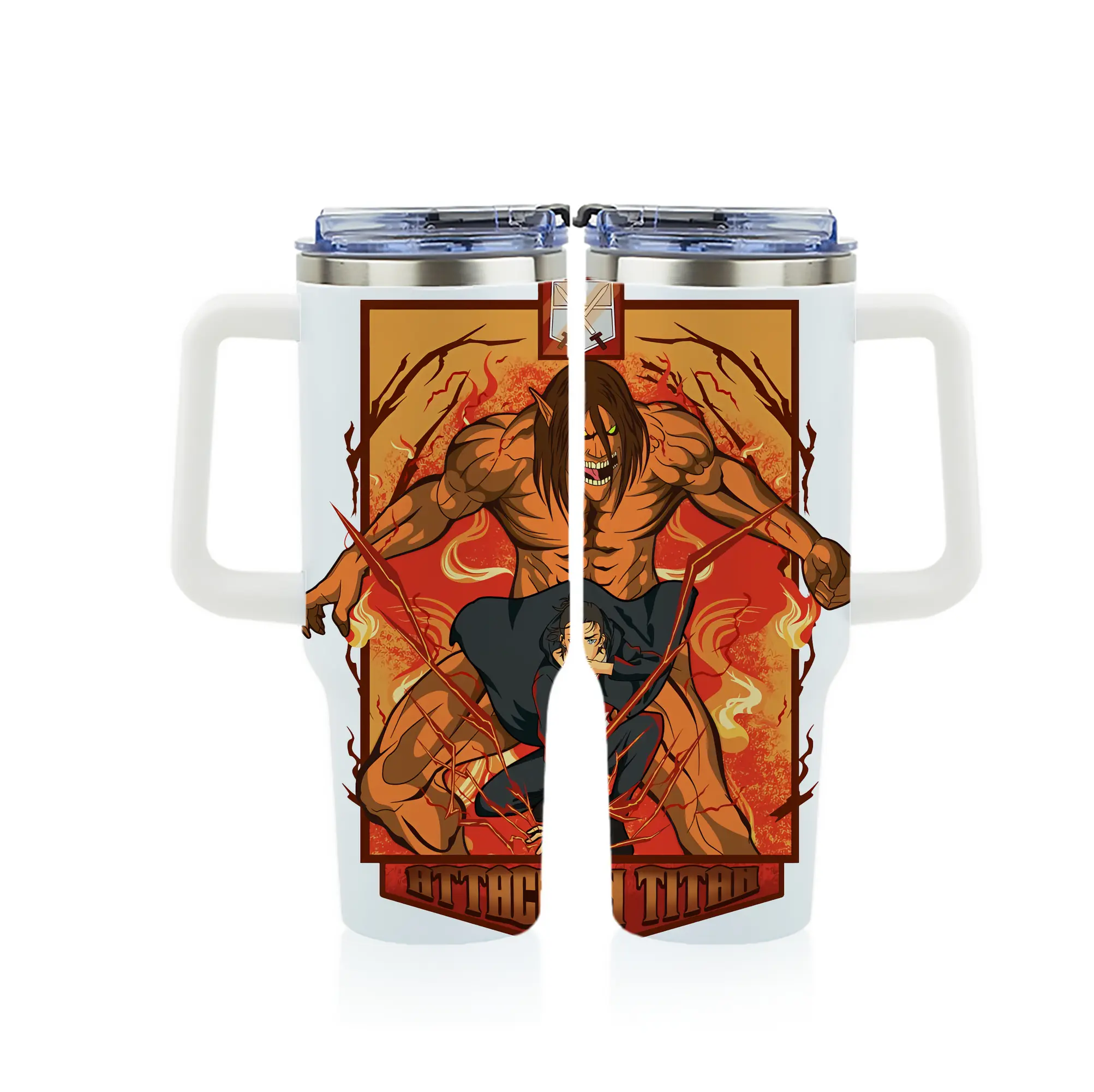 進撃の巨人 グッズ エレン・イェーガー - 1200mL フルプリント車用タンブラー ・ 304ステンレス 内側 ・ 201ステンレス 外側 ・ 保温 保冷 ・ 通勤 ドライブ アウトドア用