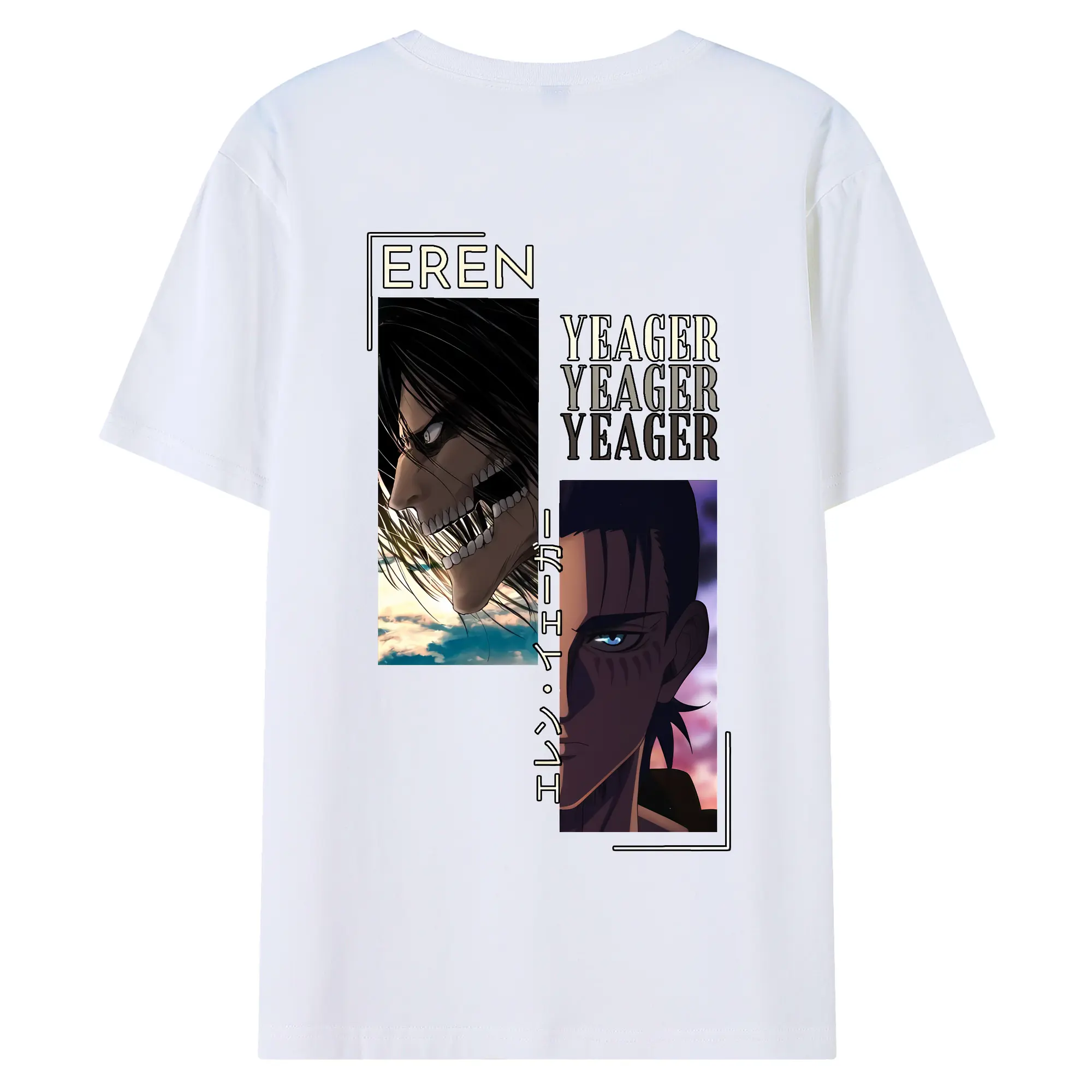 進撃の巨人 グッズ エレン・イェーガー - 綿100％ 半袖Tシャツ ・ バックプリント ・ 快適 通気性 ・ 日常使い 散歩 スポーツ用