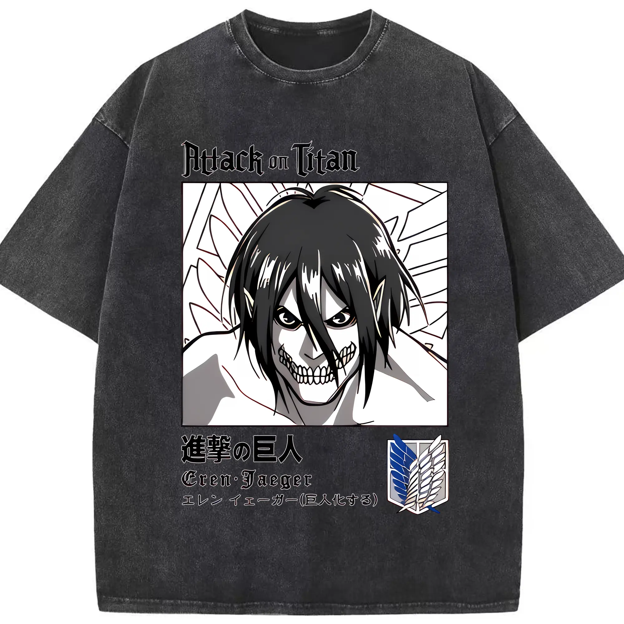 進撃の巨人 グッズ エレン・イェーガー - 綿100％ ヴィンテージ風 半袖Tシャツ ・ フロントプリント ・ 柔らか肌触り ・ 通気性 快適 ・ スポーツ カジュアル 外出用