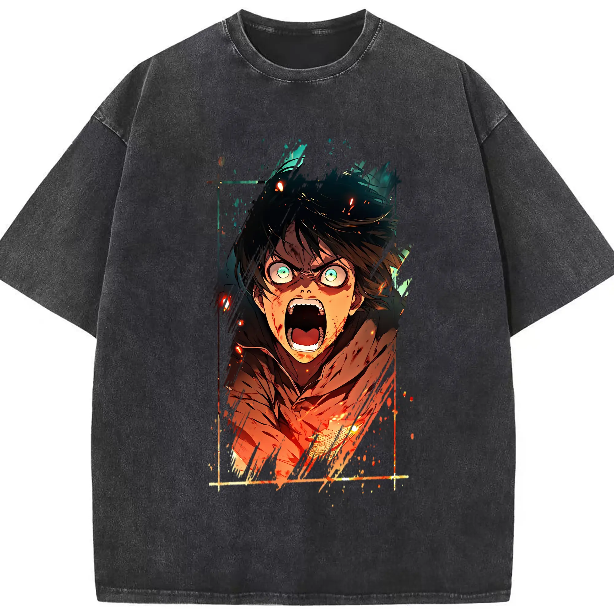 進撃の巨人 グッズ エレン・イェーガー - 綿100％ ヴィンテージ風 半袖Tシャツ ・ フロントプリント ・ 柔らか肌触り ・ 通気性 快適 ・ スポーツ カジュアル 外出用