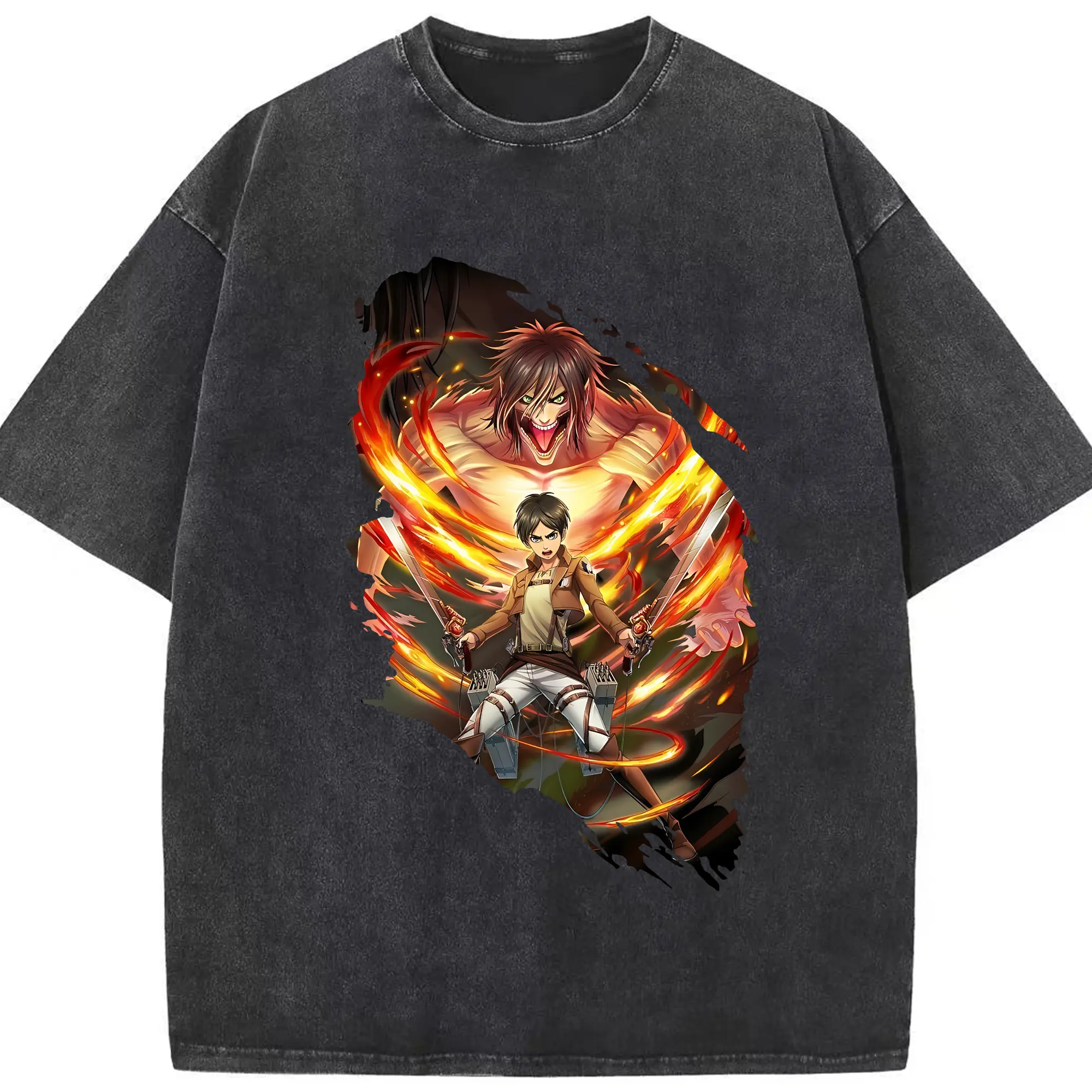 進撃の巨人 グッズ エレン・イェーガー - 綿100％ ヴィンテージ風 半袖Tシャツ ・ フロントプリント ・ 柔らか肌触り ・ 通気性 快適 ・ スポーツ カジュアル 外出用